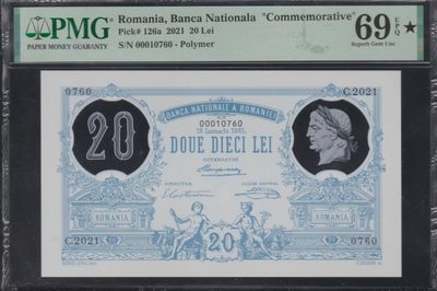 草稿银行第十期国内外钞票拍卖 - 罗马尼亚 2021年20列伊 纪念钞 纪念列伊发行140周年 塑料钞 PMG 69★ 亚军分