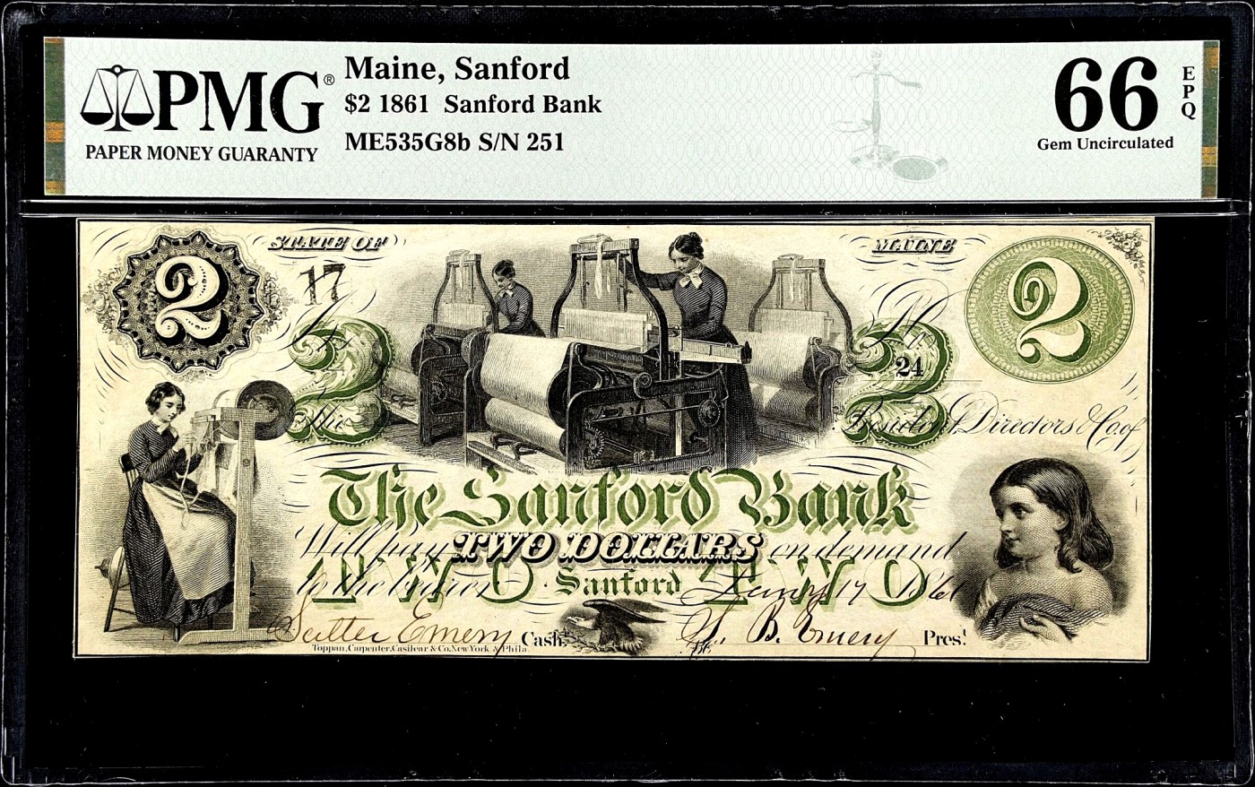 【Blue Auction】✨世界纸币精拍第369期【精】 【唯一冠军分 24小号实钞 PMG错标号码 该品种非常非常罕见】美国 缅因州 1861年2美金 PMG66EPQ 女纺织工&小女孩 飞鹰点缀 设计精美 值此一张 如此高分 不容错过的品种 
