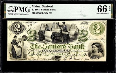 【Blue Auction】✨世界纸币精拍第369期【精】 - 【唯一冠军分 24小号实钞 PMG错标号码 该品种非常非常罕见】美国 缅因州 1861年2美金 PMG66EPQ 女纺织工&小女孩 飞鹰点缀 设计精美 值此一张 如此高分 不容错过的品种 