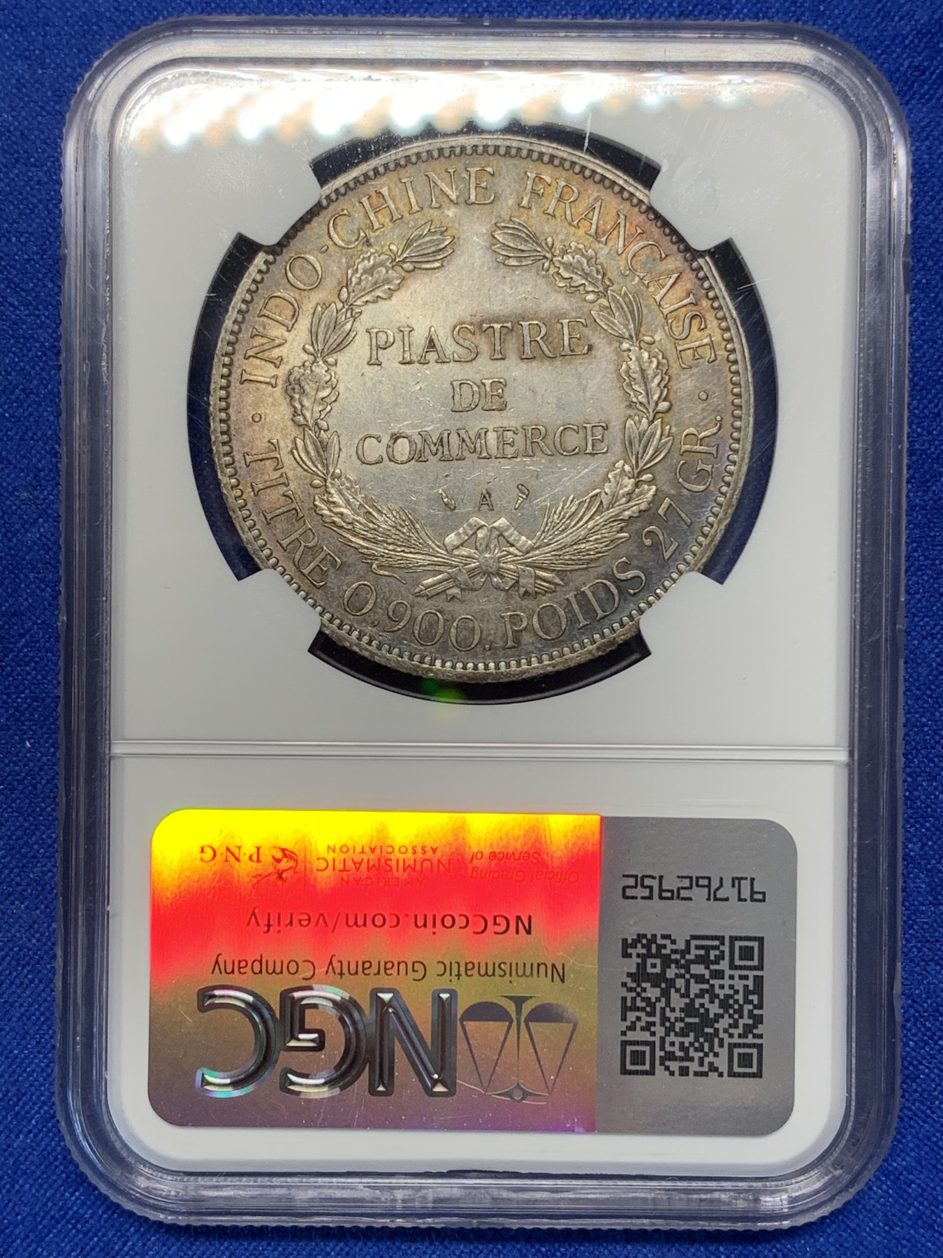 《竞宝斋》第196场-周日，周一 2场 (全场包邮) NGC MS62法属印支 1897年 坐人 1P银币 双面五彩包浆 状态好 鼻子也好 难得