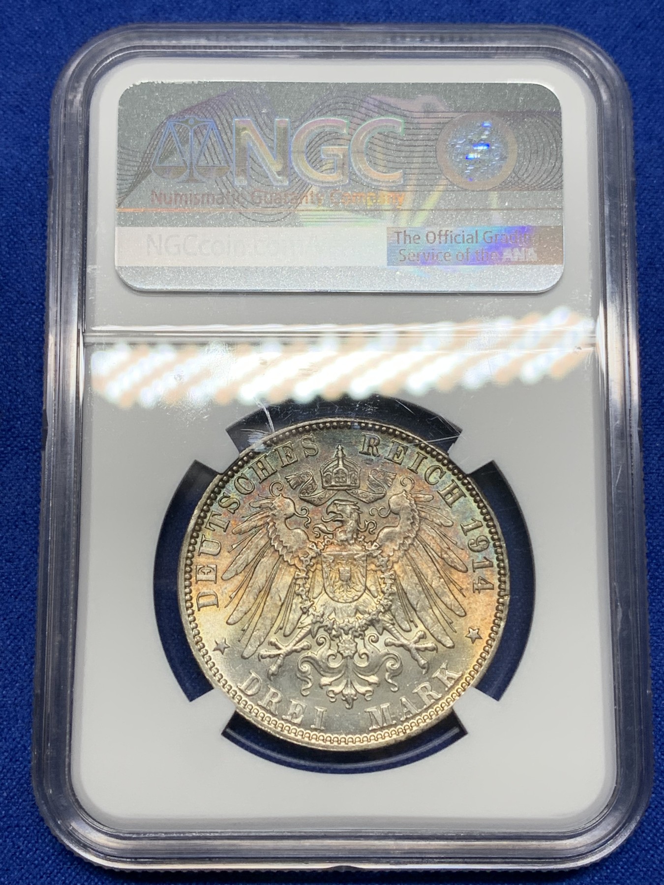 《竞宝斋》第196场-周日，周一 2场 (全场包邮) NGC MS64 德国1911年汉堡自由市3马克银币，双面炫彩包浆，不是大白币可以比的。