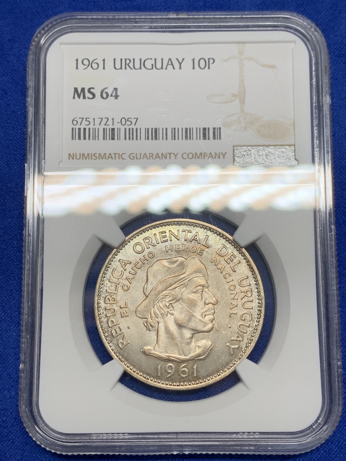 《竞宝斋》第196场-周日，周一 2场 (全场包邮) NGC MS64 乌拉圭1961年10比索银币 状态极好