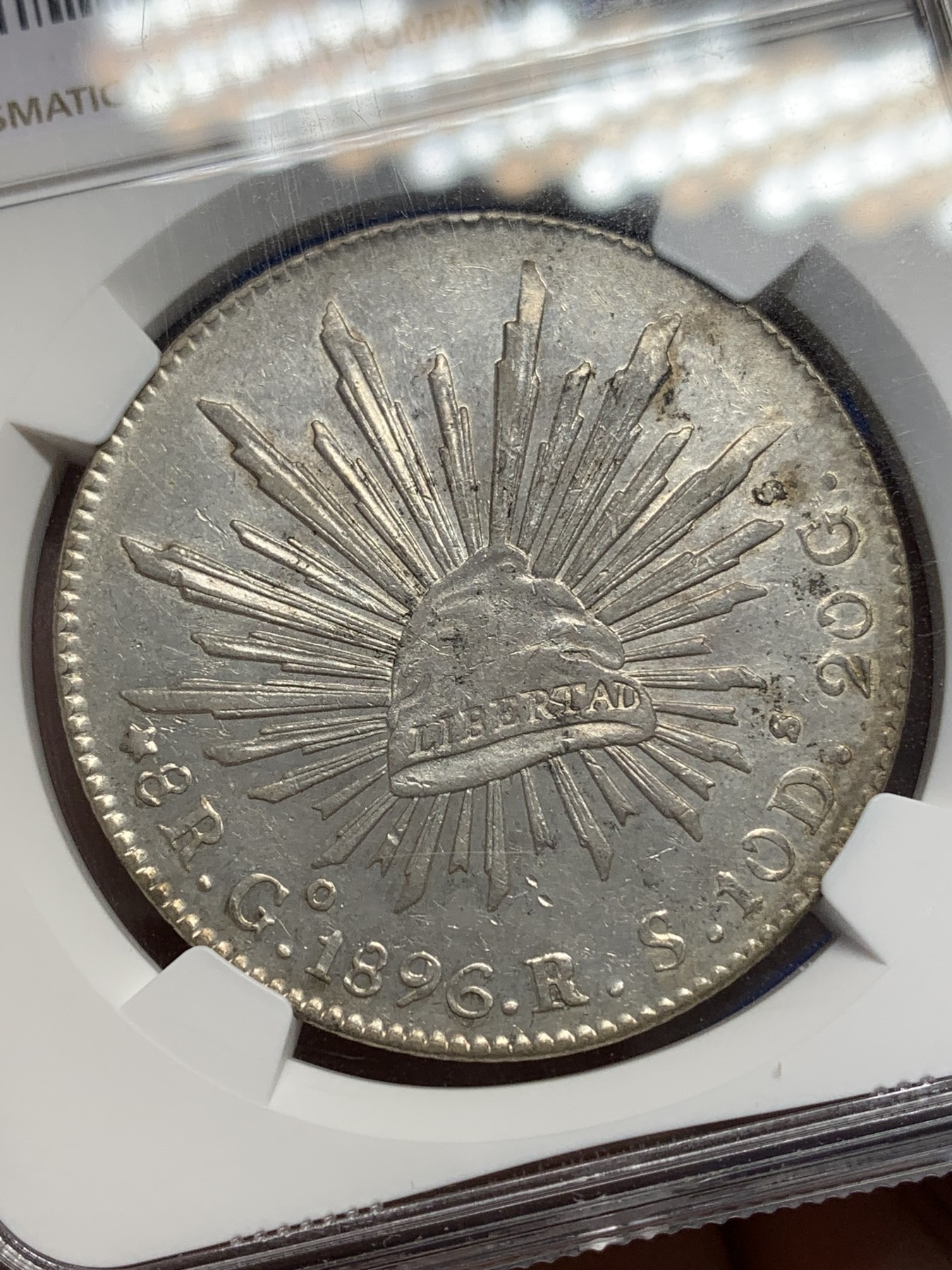 《竞宝斋》第196场-周日，周一 2场 (全场包邮) NGC-AU 53 墨西哥1896 GO RS鹰洋 8瑞尔银币  深打 状态好