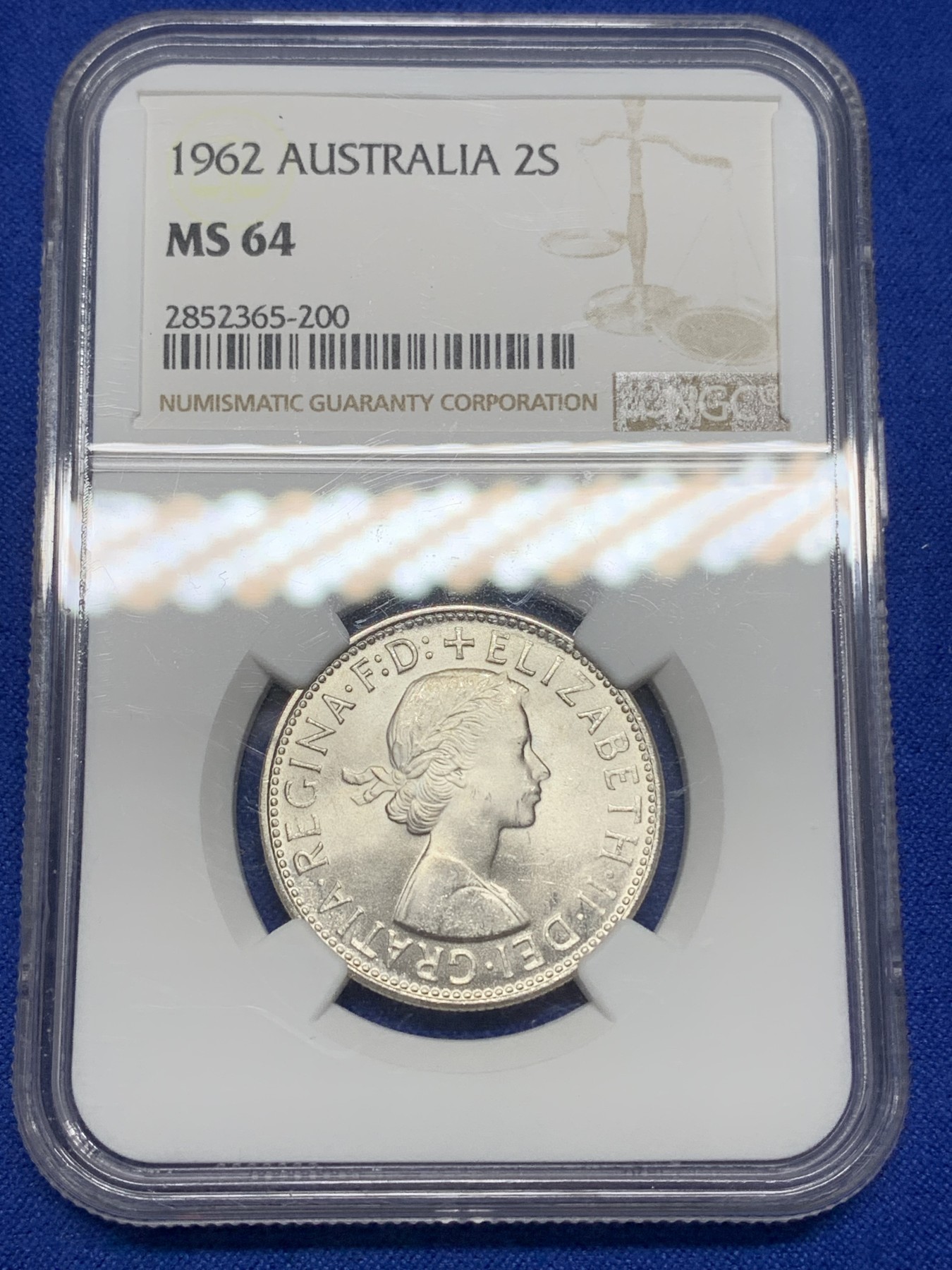 《竞宝斋》第196场-周日，周一 2场 (全场包邮) NGC-MS64 澳大利亚1962年伊丽莎白女王弗洛林银币，女王首版年轻头像，青春靓丽。银霜满溢，车轮强转光。