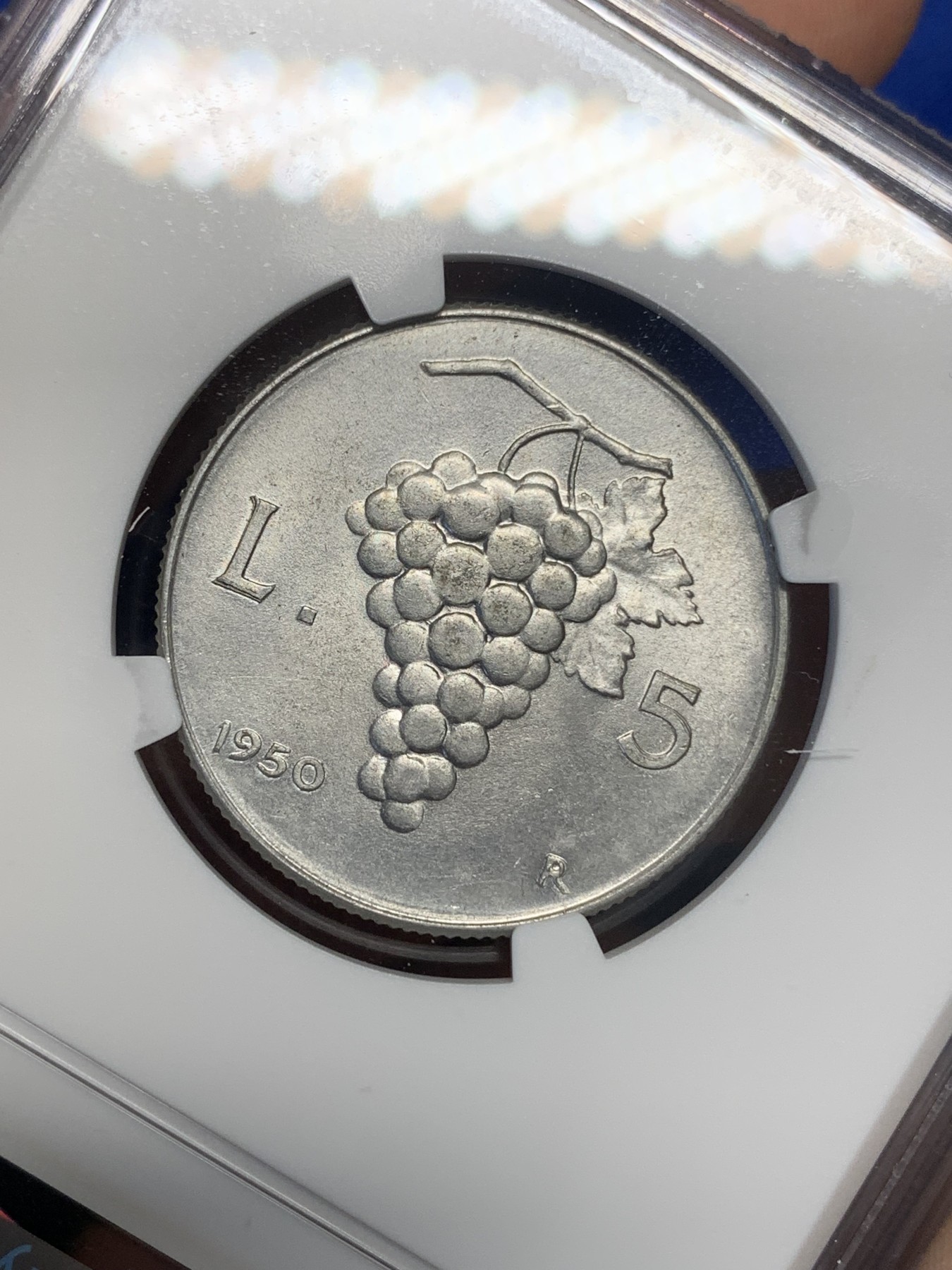 《竞宝斋》第196场-周日，周一 2场 (全场包邮) NGC MS63 意大利1950年5里拉 强光好品