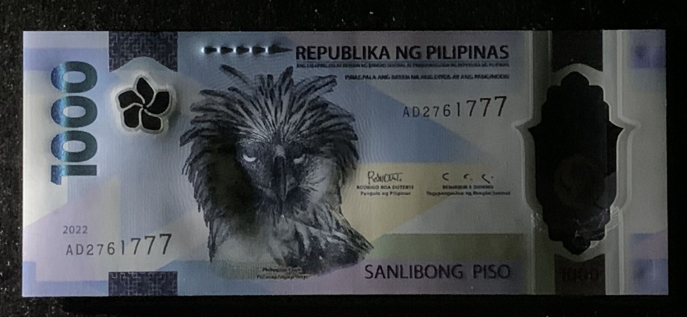 紫瑗钱币——第302期拍卖—纸币场 【获奖钞 豹子号7】菲律宾 2022年 国鸟食猿雕 1000比索 UNC 