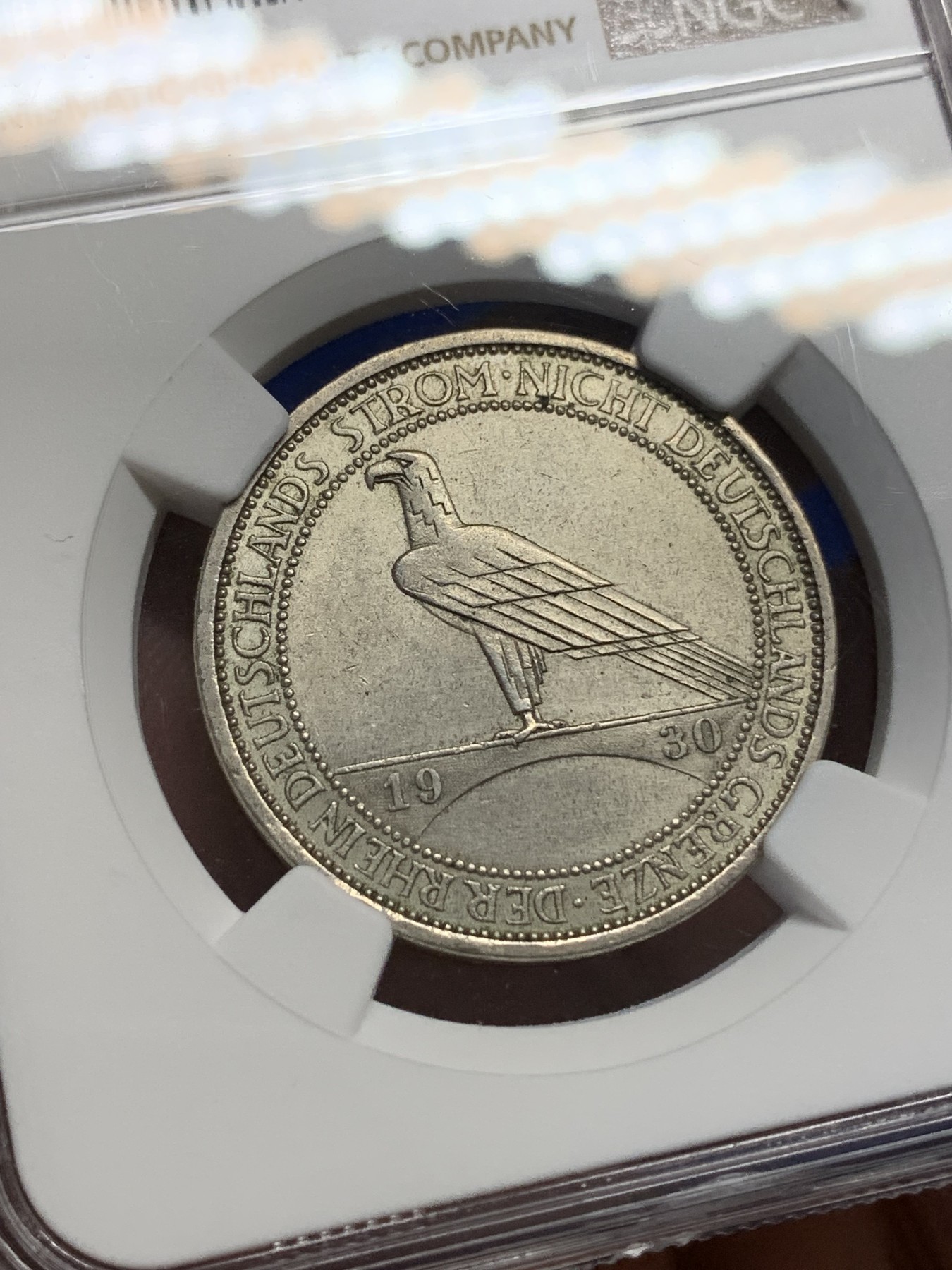 《竞宝斋》第196场-周日，周一 2场 (全场包邮) NGC UNC 1930年德国莱因兰鹰桥3马克银币