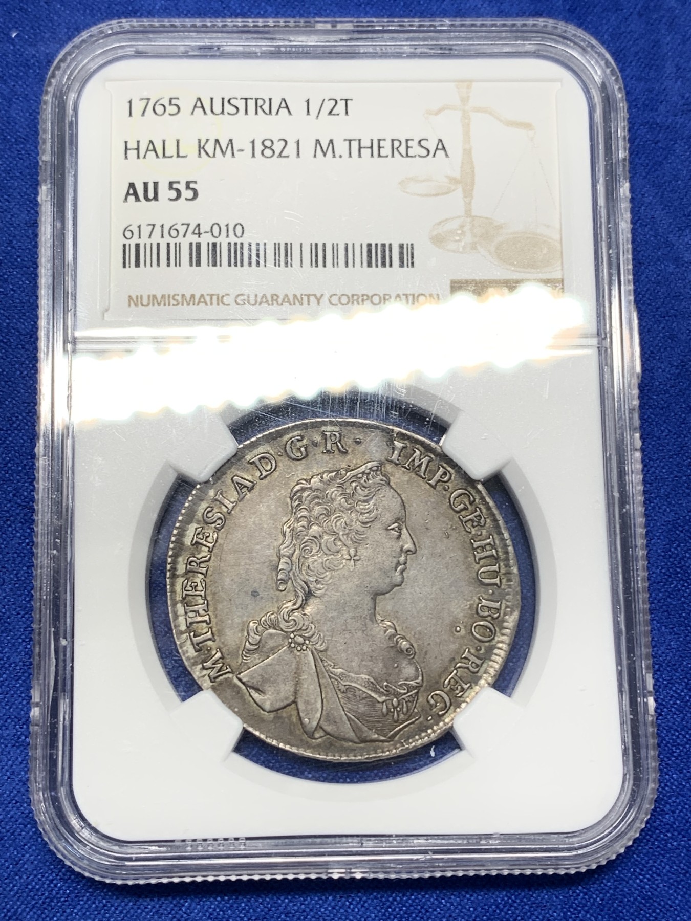 《竞宝斋》第196场-周日，周一 2场 (全场包邮) NGC-AU55 奥匈帝国1765神罗特蕾莎1/2泰勒 细节清晰 味道极好！