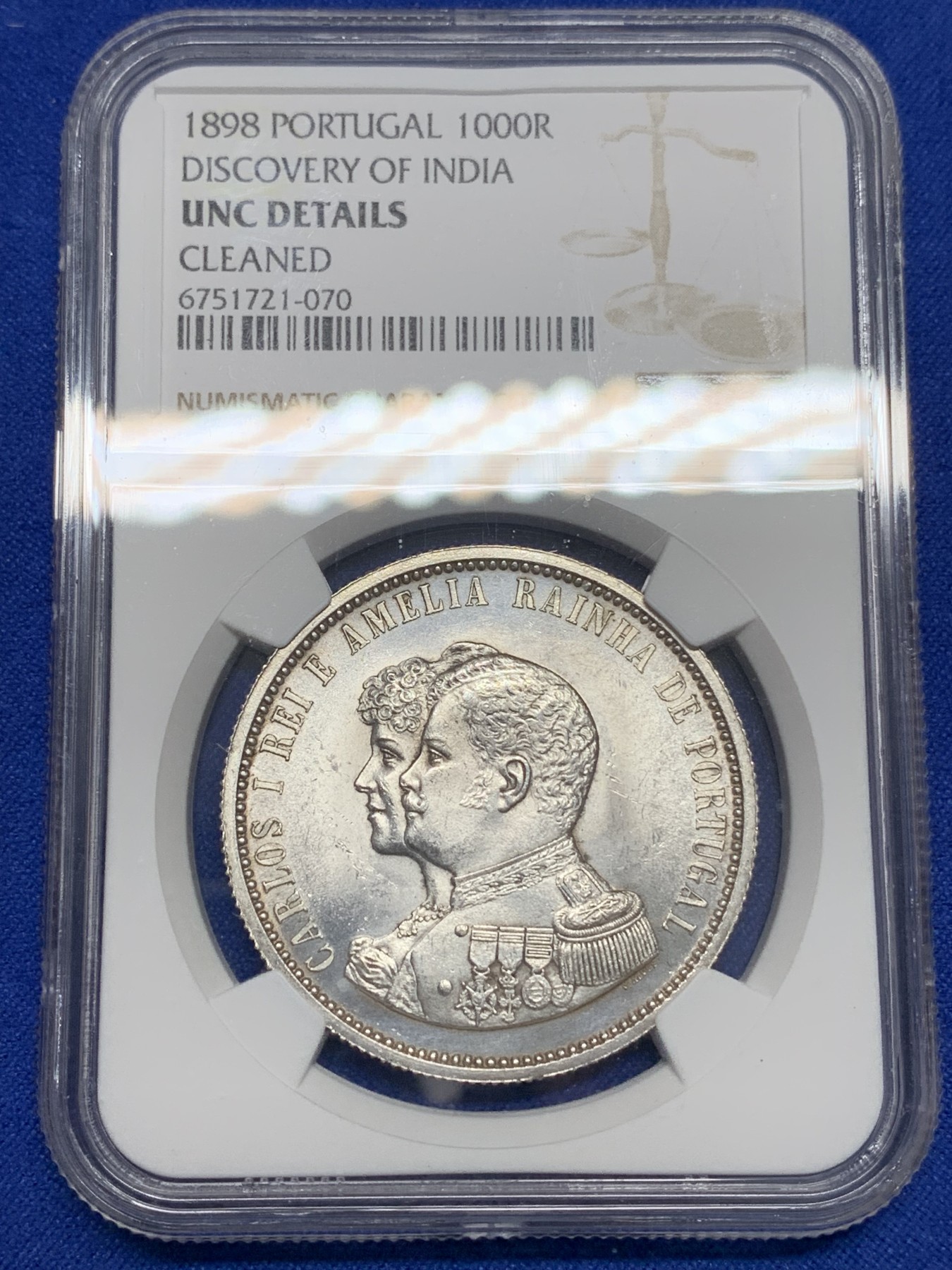 《竞宝斋》第196场-周日，周一 2场 (全场包邮) NGC UNC 葡萄牙1898年1000R银币 光度好 状态佳