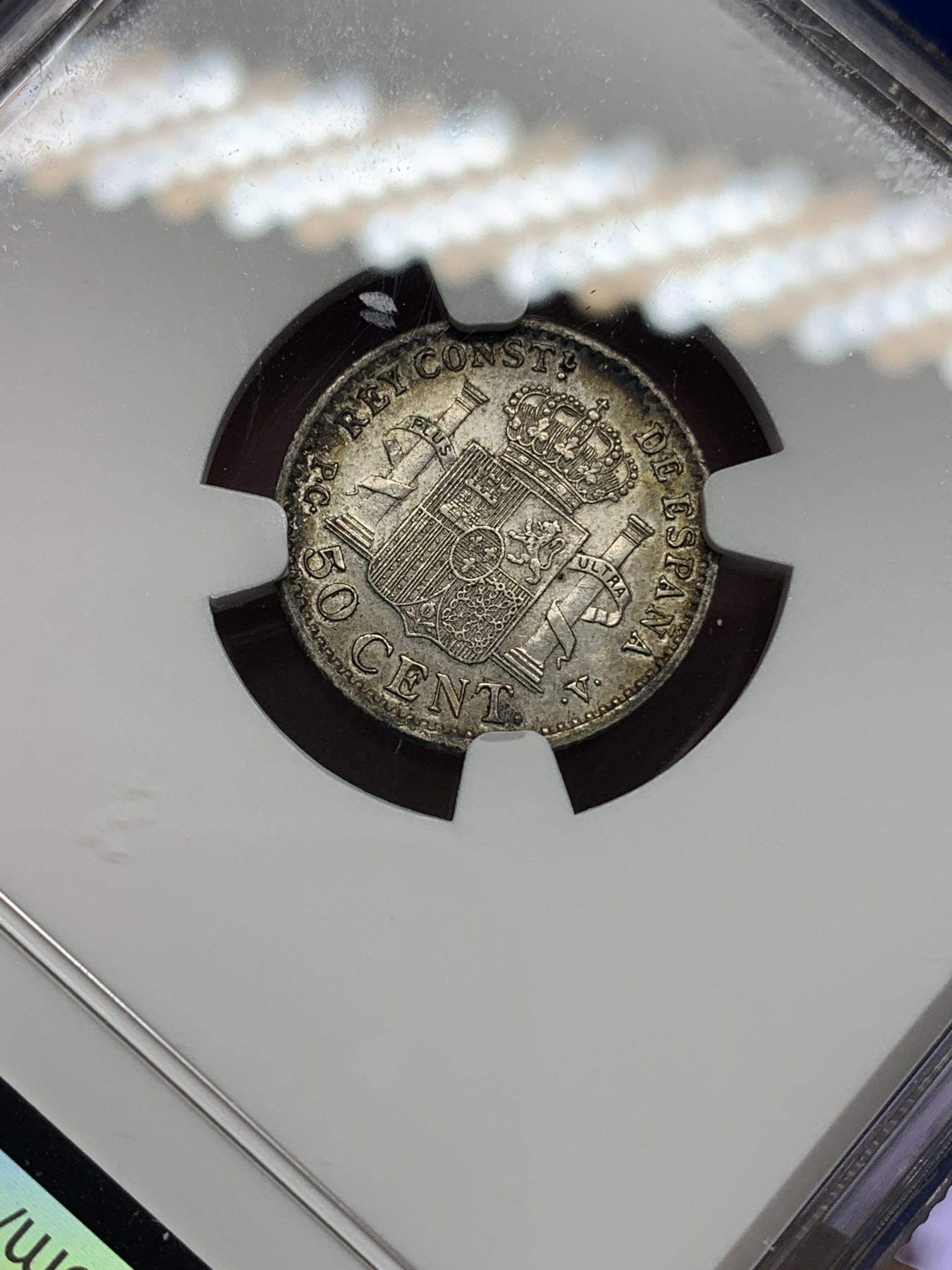 《竞宝斋》第196场-周日，周一 2场 (全场包邮) NGC-AU50 西班牙1910年 阿方索十三世戎装版 50分小双柱银币 较少版式