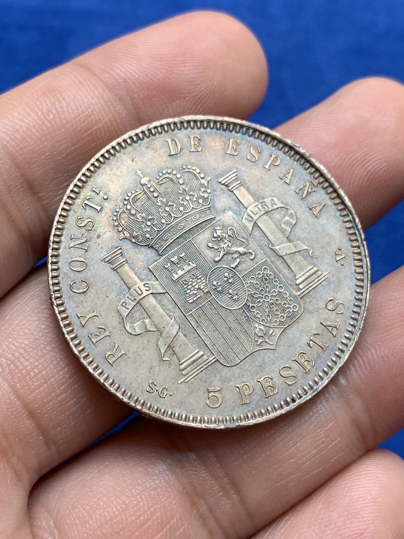 《竞宝斋》第196场-周日，周一 2场 (全场包邮) 1899 阿方索十三世5比塞塔，UNC细节裸币