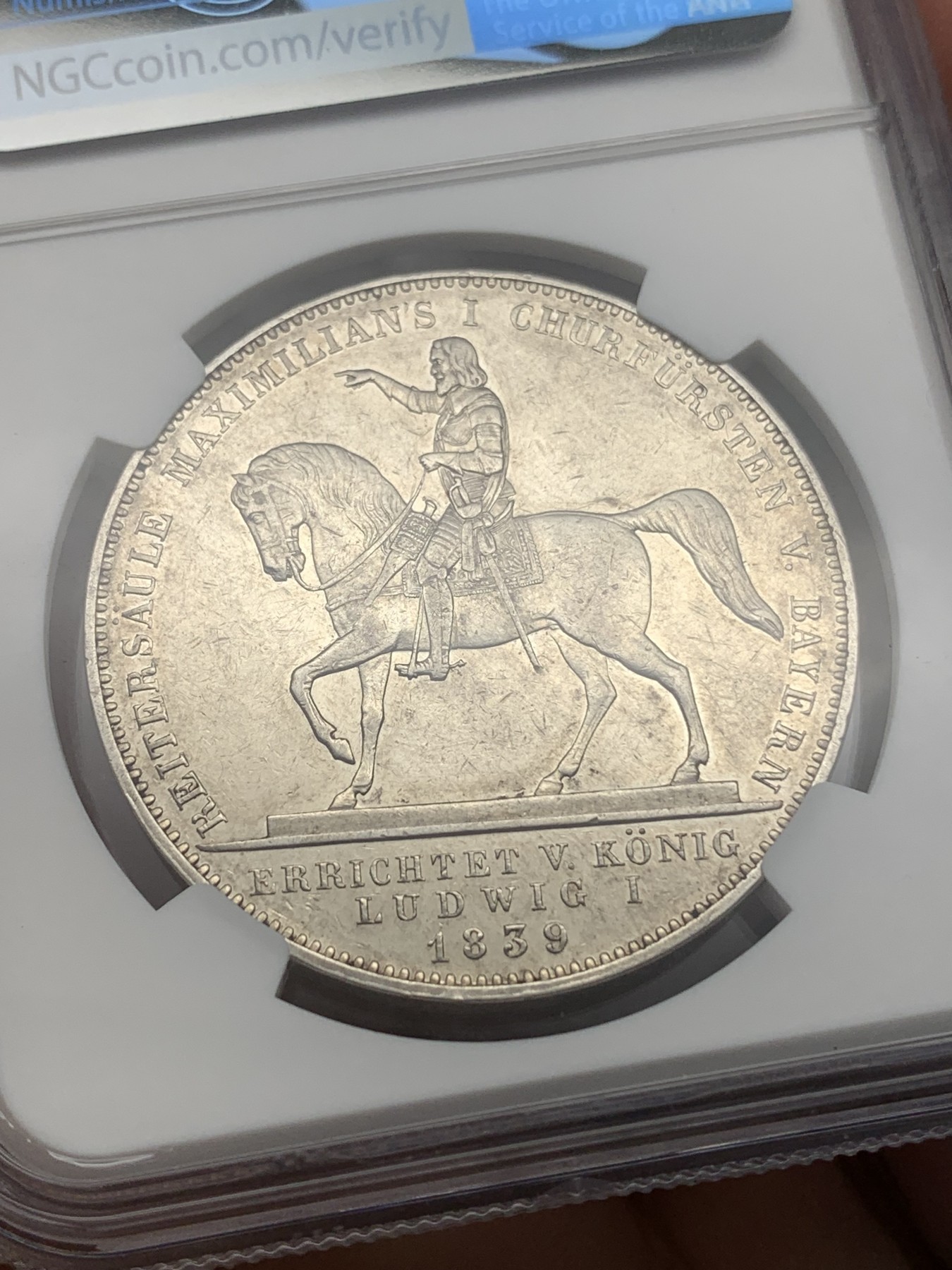 《竞宝斋》第196场-周日，周一 2场 (全场包邮) NGC AU58 德国 1839年 巴伐利亚选帝侯  路德维希一世  2泰勒 大银币 37克的大规格少见品种