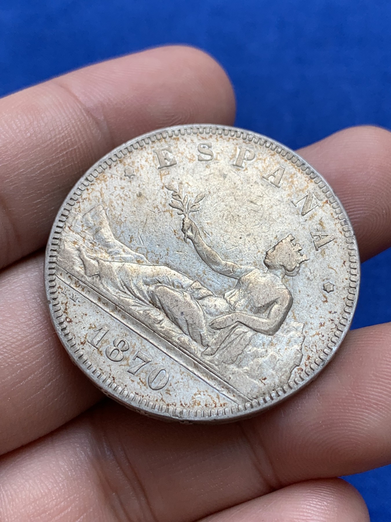 《竞宝斋》第196场-周日，周一 2场 (全场包邮) 西班牙 1870年 拿花5比塞塔银币 带光包浆