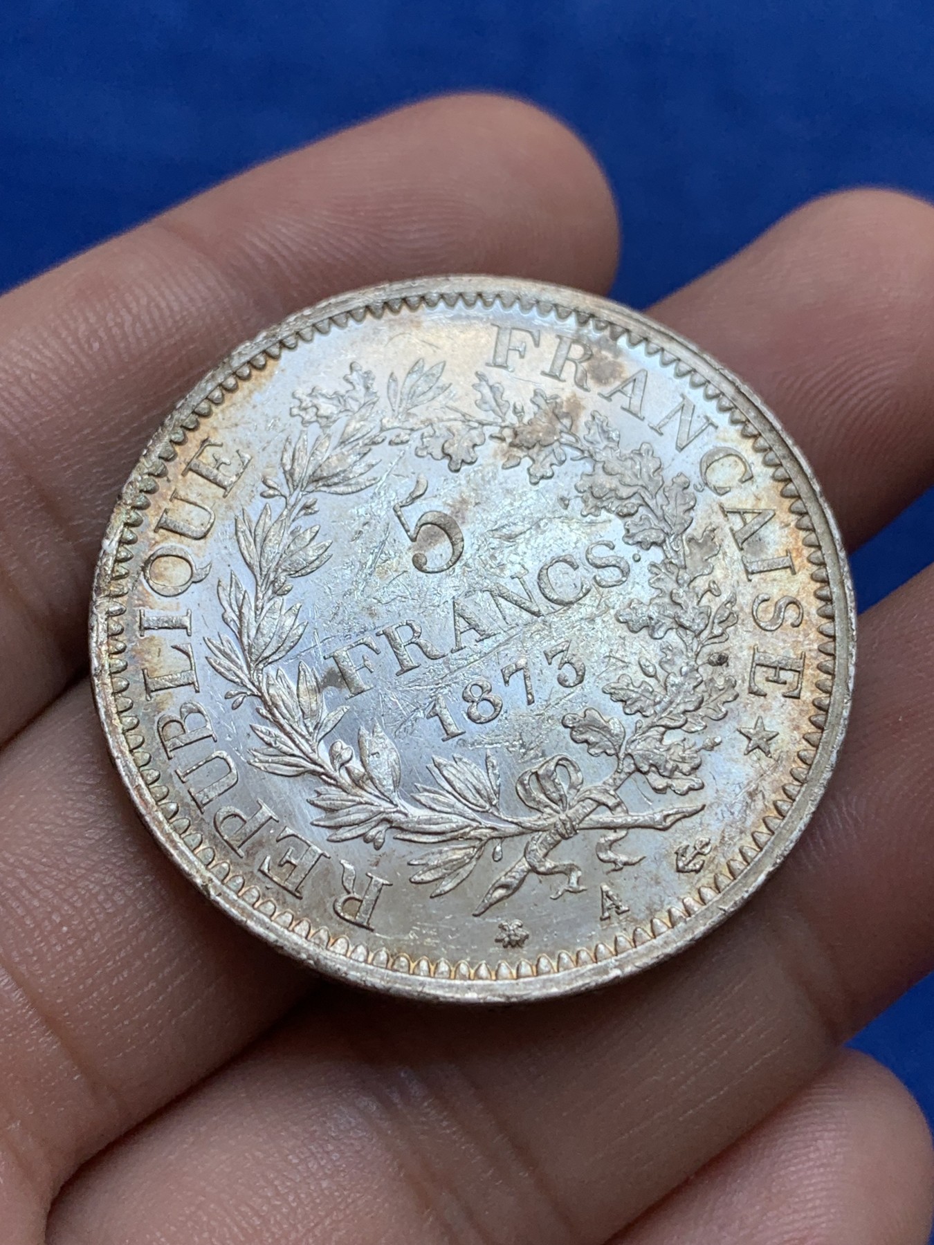 《竞宝斋》第196场-周日，周一 2场 (全场包邮) 1873法国大力神5法郎，包浆，光度很好