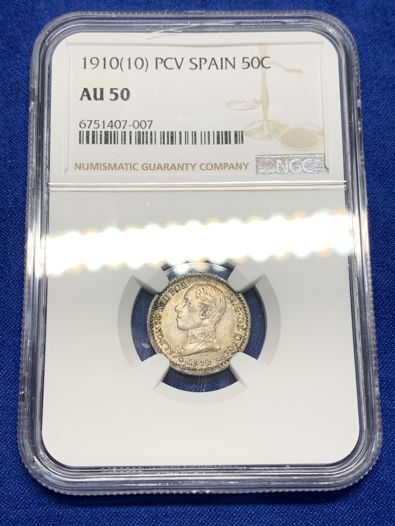 《竞宝斋》第196场-周日，周一 2场 (全场包邮) NGC-AU50 西班牙1910年 阿方索十三世戎装版 50分小双柱银币 较少版式