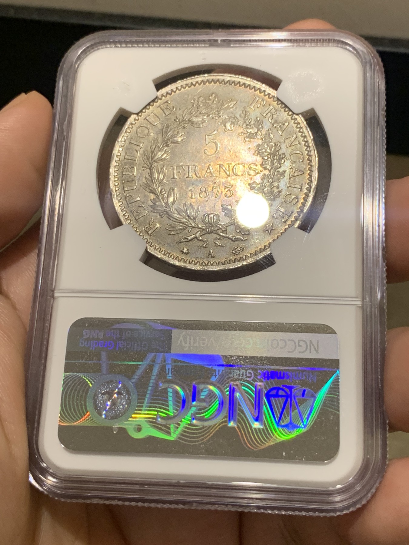 《竞宝斋》第196场-周日，周一 2场 (全场包邮) NGC-MS63 法国1873年大力神5法郎银币 原味深彩