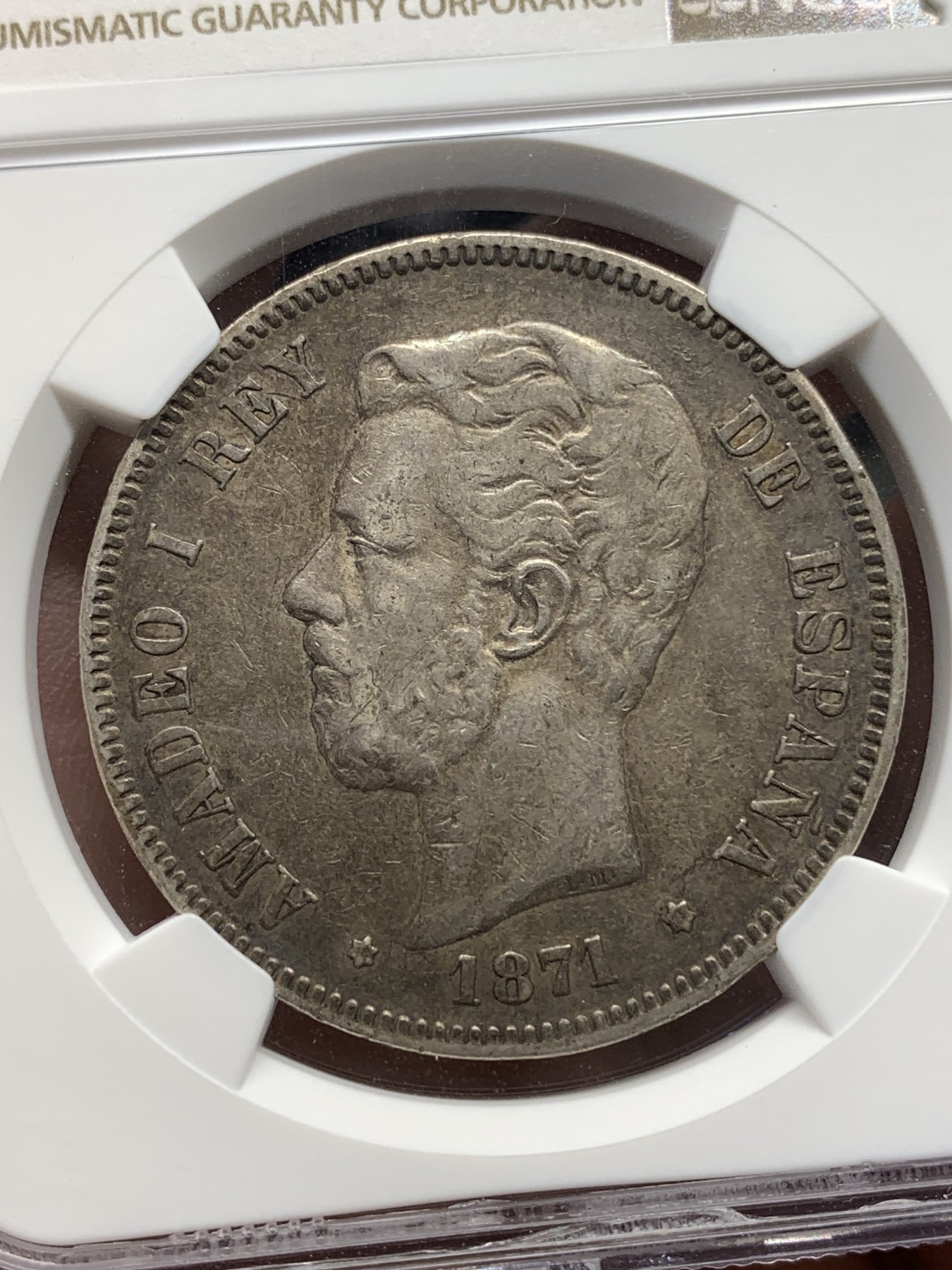 《竞宝斋》第196场-周日，周一 2场 (全场包邮) NGC-XF45 西班牙 5比塞塔银币 阿玛迪奥1世 1871（75）DEM 罕见版别 更高分仅4枚