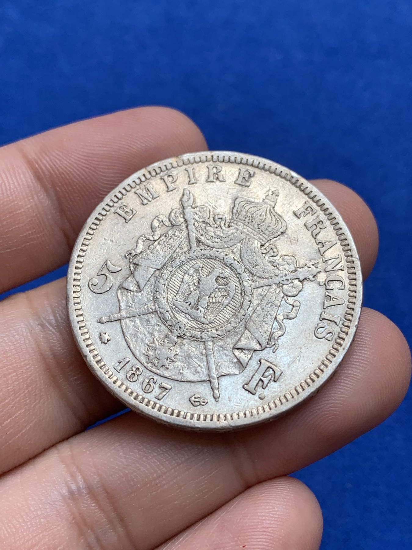 《竞宝斋》第196场-周日，周一 2场 (全场包邮) 法国 1867年拿破仑三世5法郎银币 淡彩原光