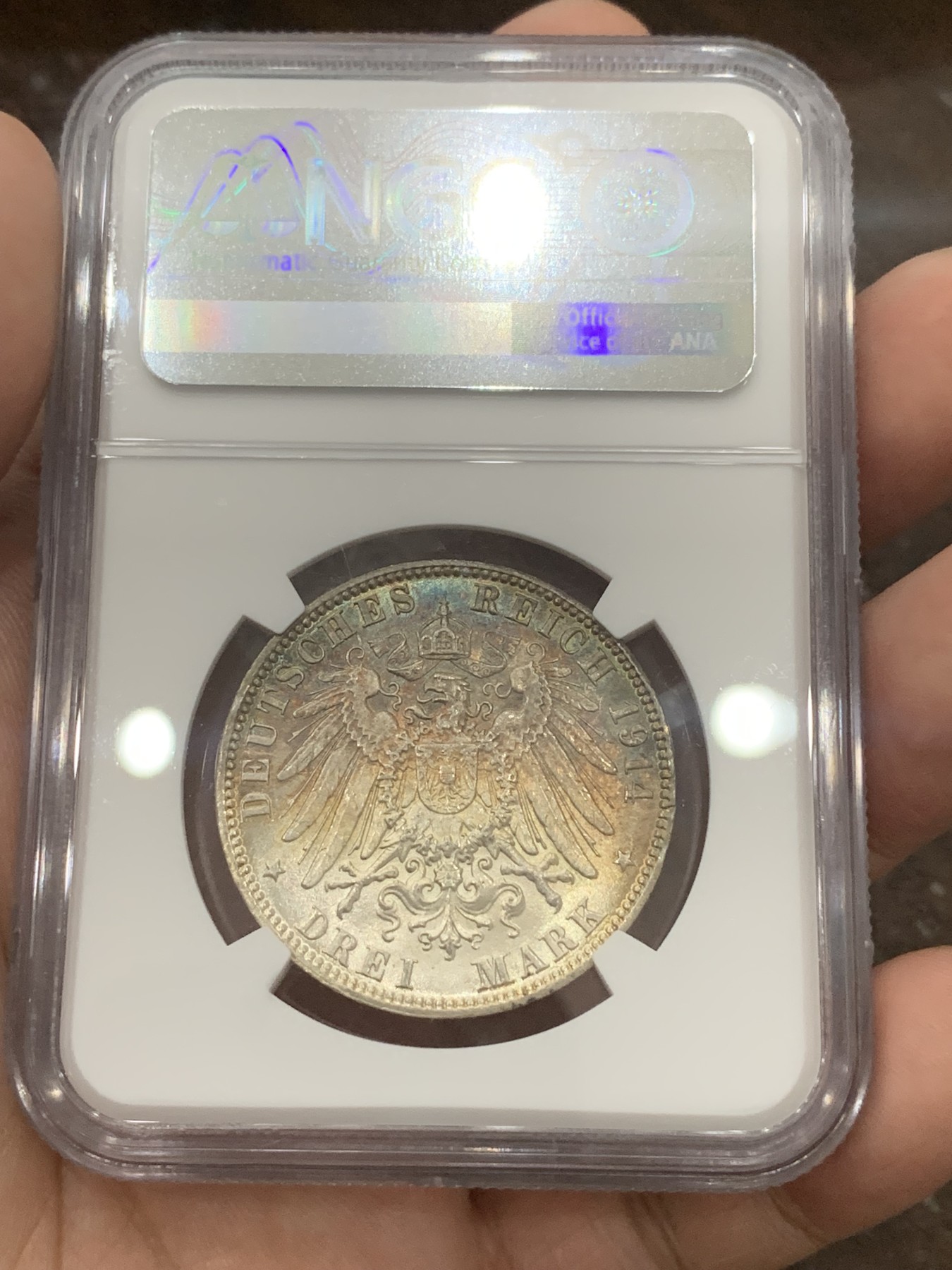 《竞宝斋》第196场-周日，周一 2场 (全场包邮) NGC MS64 德国1911年汉堡自由市3马克银币，双面炫彩包浆，不是大白币可以比的。