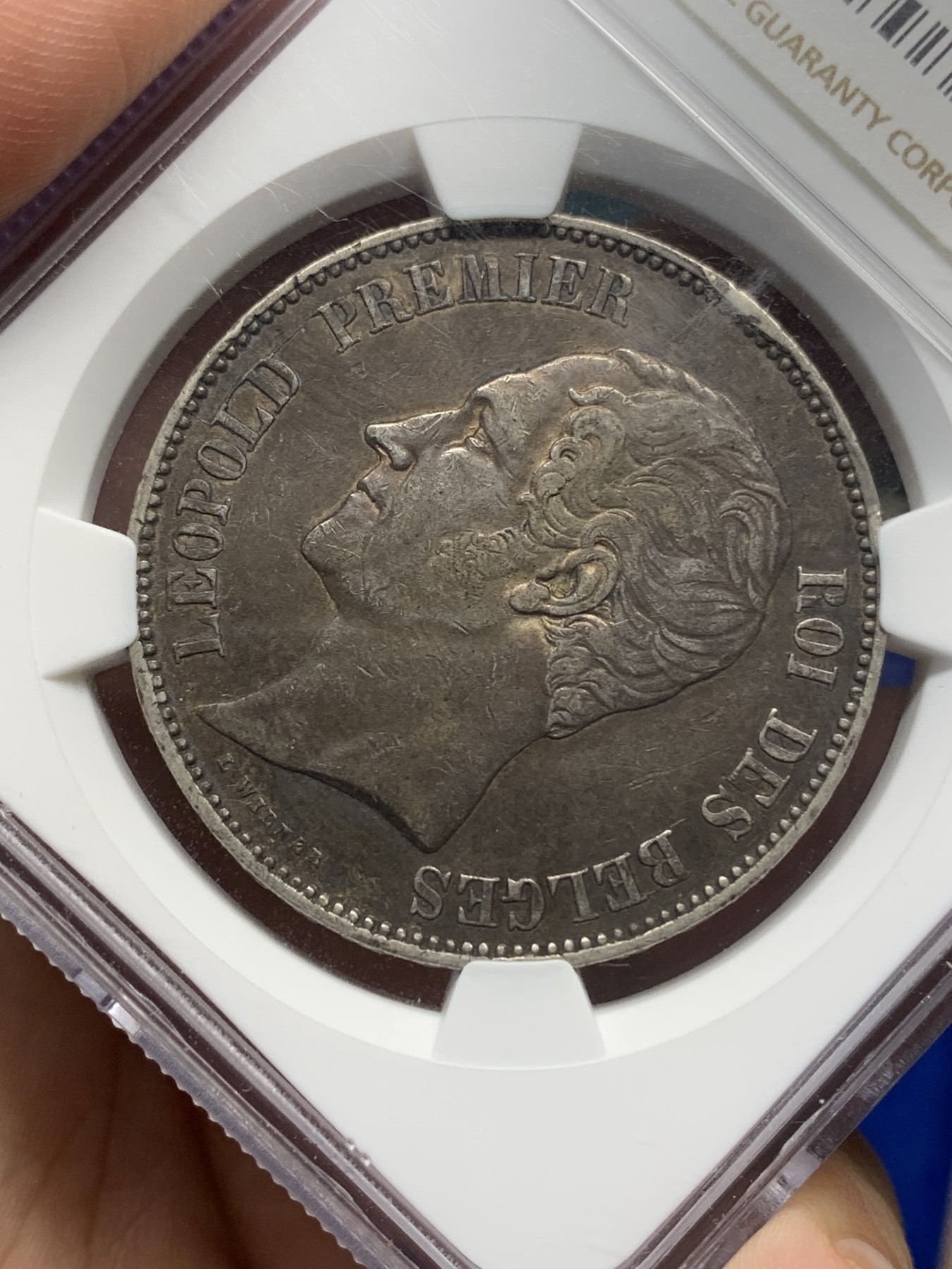 《竞宝斋》第196场-周日，周一 2场 (全场包邮) NGC-AU 50 比利时 5法郎银币 利奥波德一世 1850 无点版 稀少版别 两面酱彩 漂亮