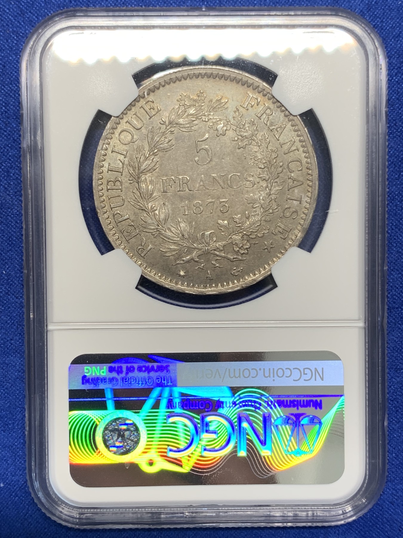 《竞宝斋》第196场-周日，周一 2场 (全场包邮) NGC-MS63 法国1873年大力神5法郎银币 原味深彩