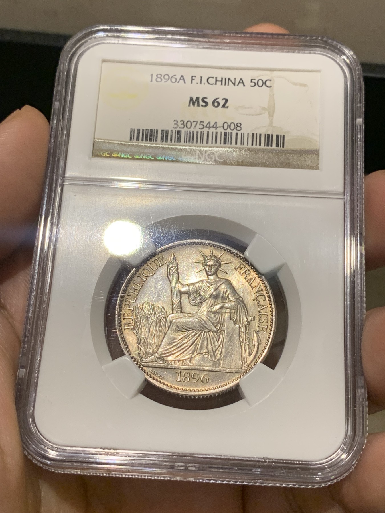 《竞宝斋》第196场-周日，周一 2场 (全场包邮) NGC MS62 法属印支1896年50分银币 稀少好品
