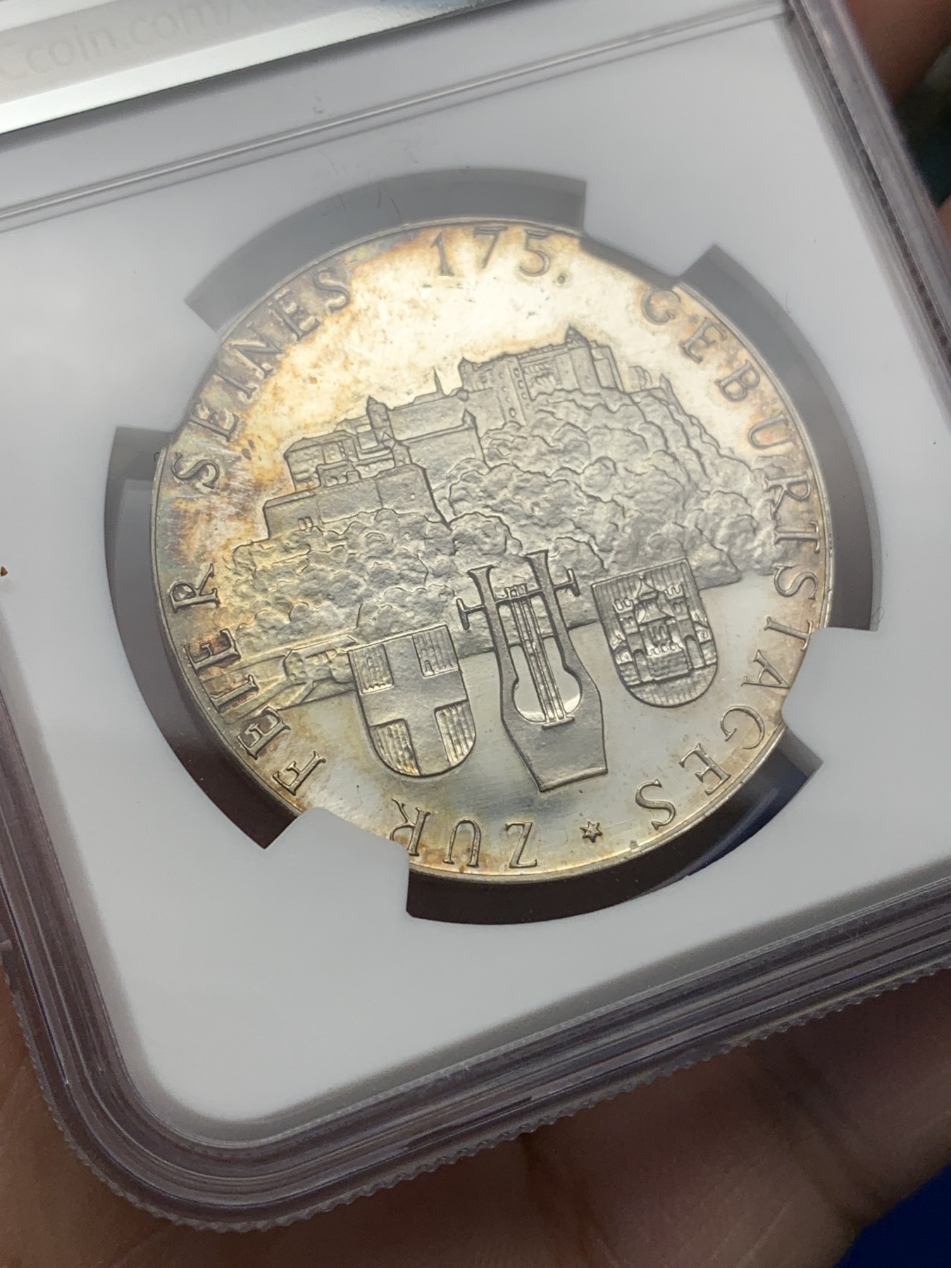 《竞宝斋》第196场-周日，周一 2场 (全场包邮) NGC MS63 奥地利1931莫扎特镜面底板银章