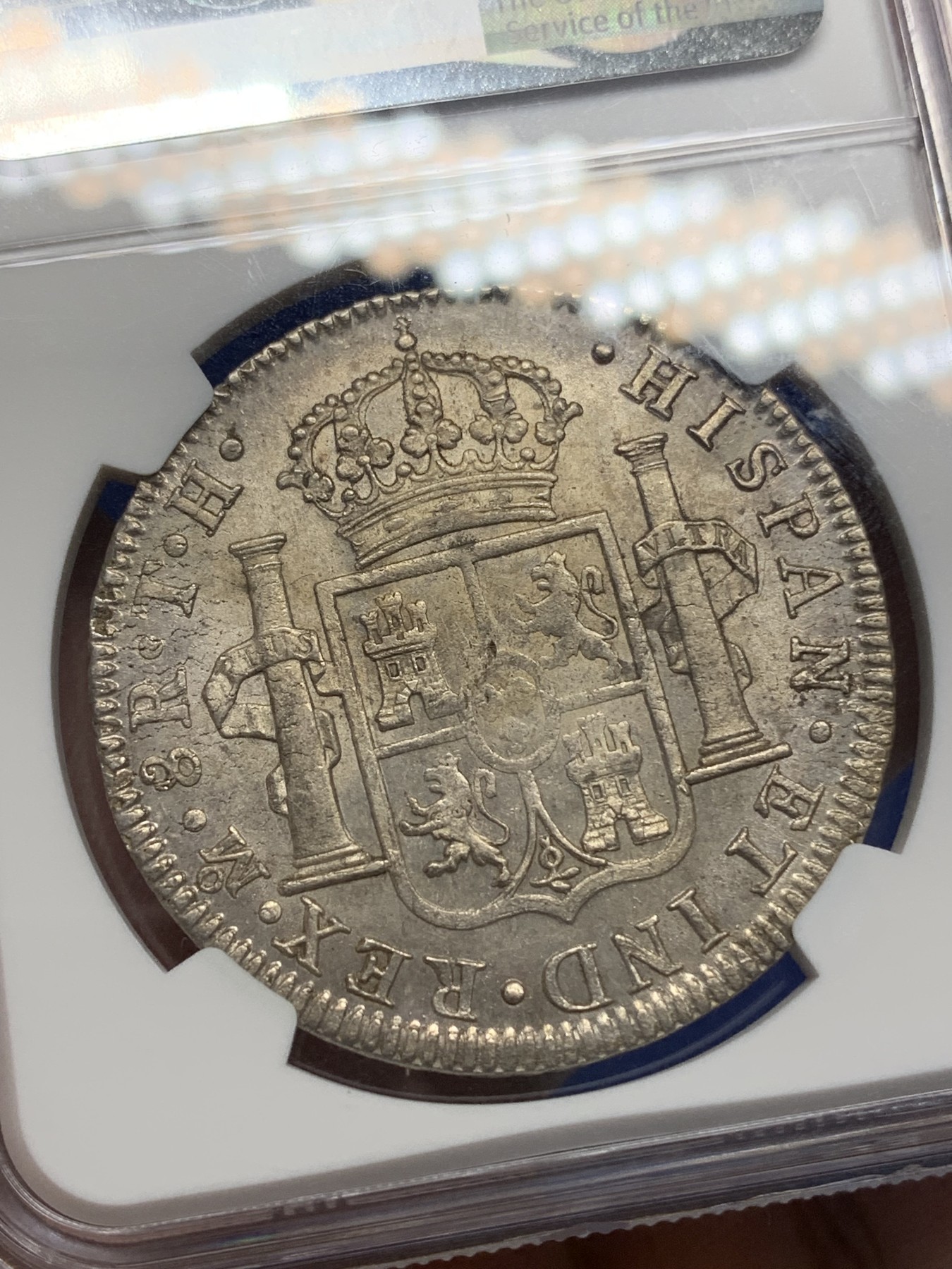 《竞宝斋》第196场-周日，周一 2场 (全场包邮) NGC-MS62 西属墨西哥1807 MO TH卡四 人像双柱 8瑞尔银币  双面淡彩