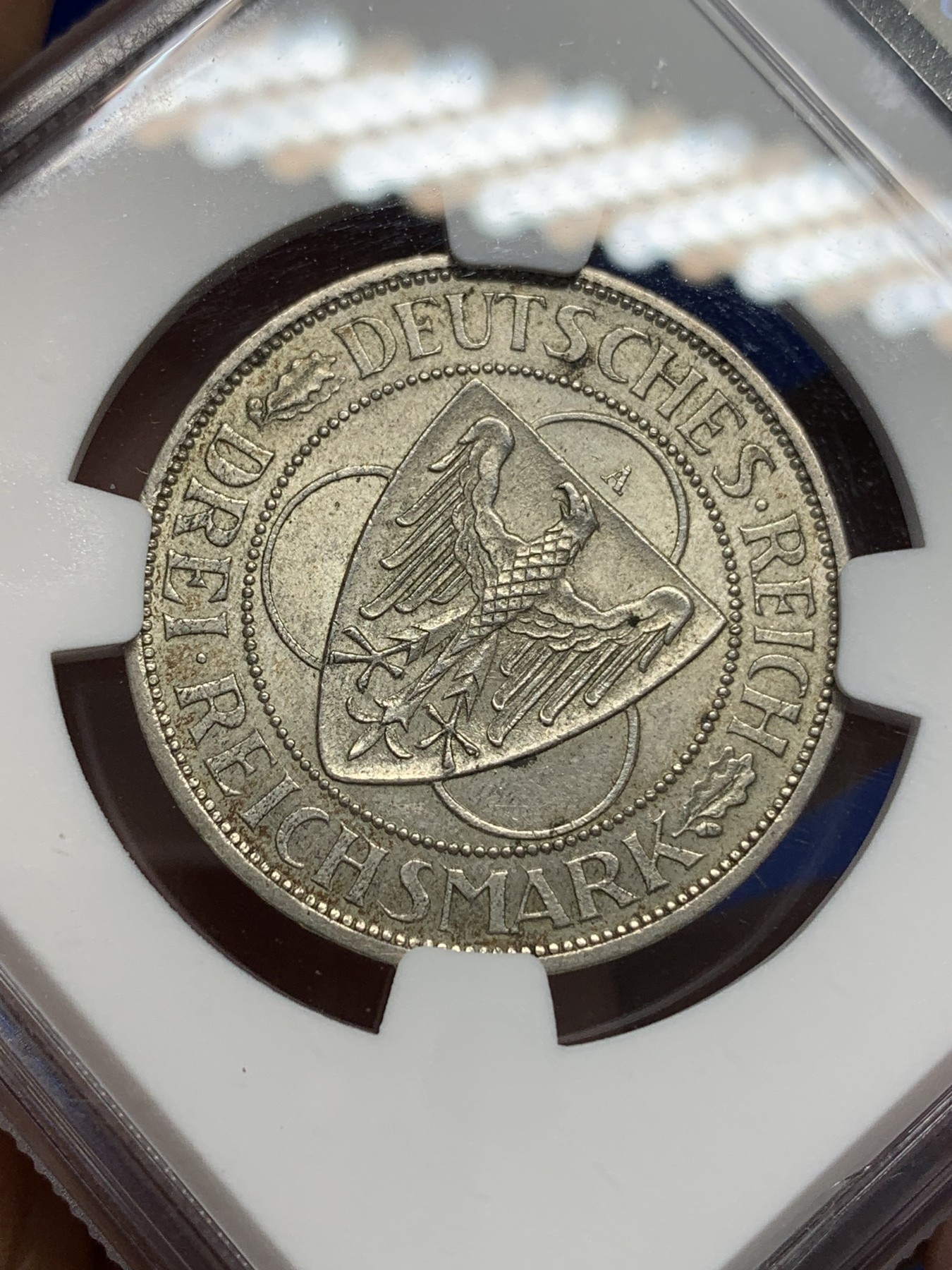 《竞宝斋》第196场-周日，周一 2场 (全场包邮) NGC UNC 1930年德国莱因兰鹰桥3马克银币