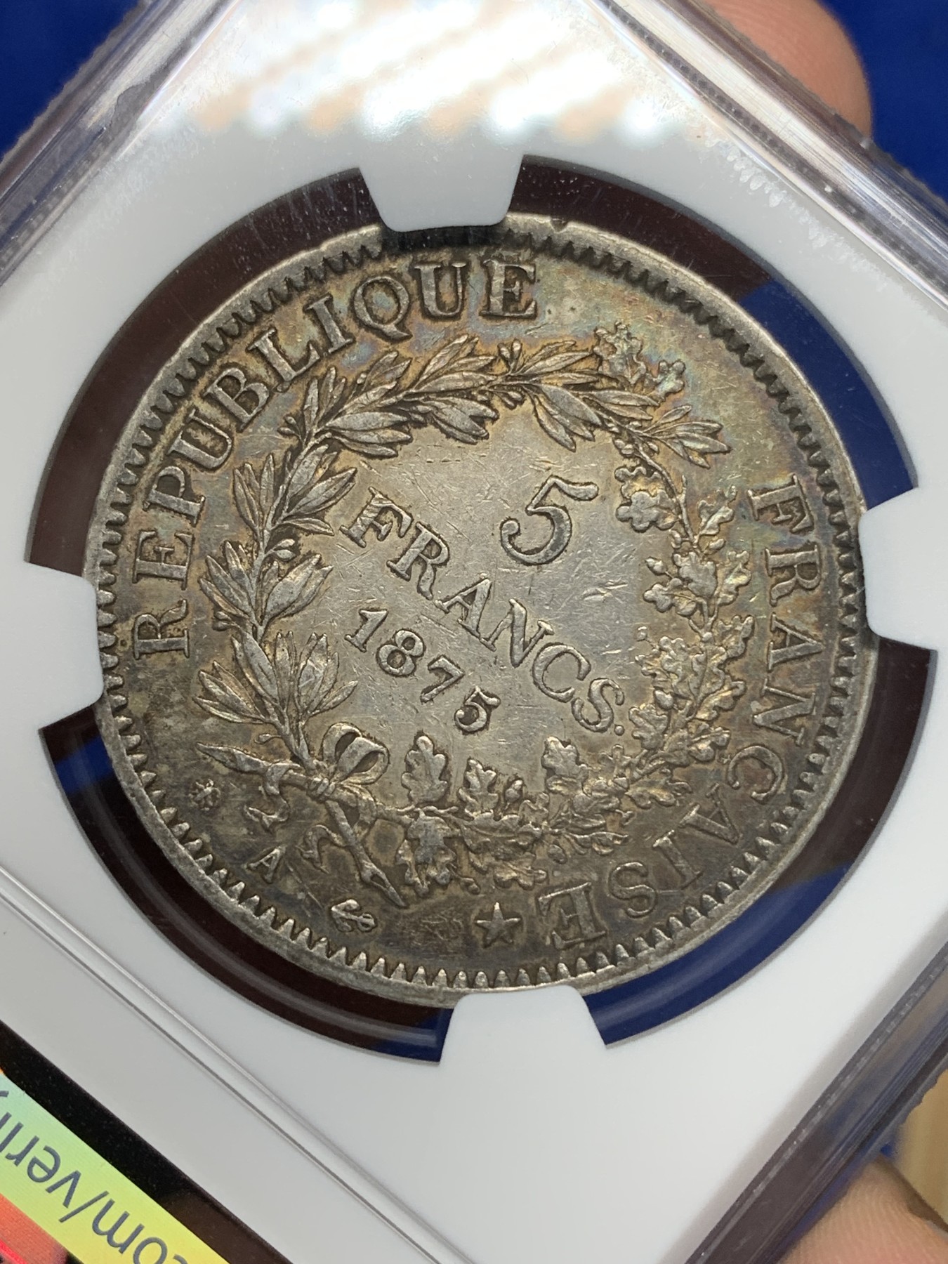 《竞宝斋》第196场-周日，周一 2场 (全场包邮) NGC AUD 法国1875年大力神5法郎银币 小A版 铸造量是1873年的1/10