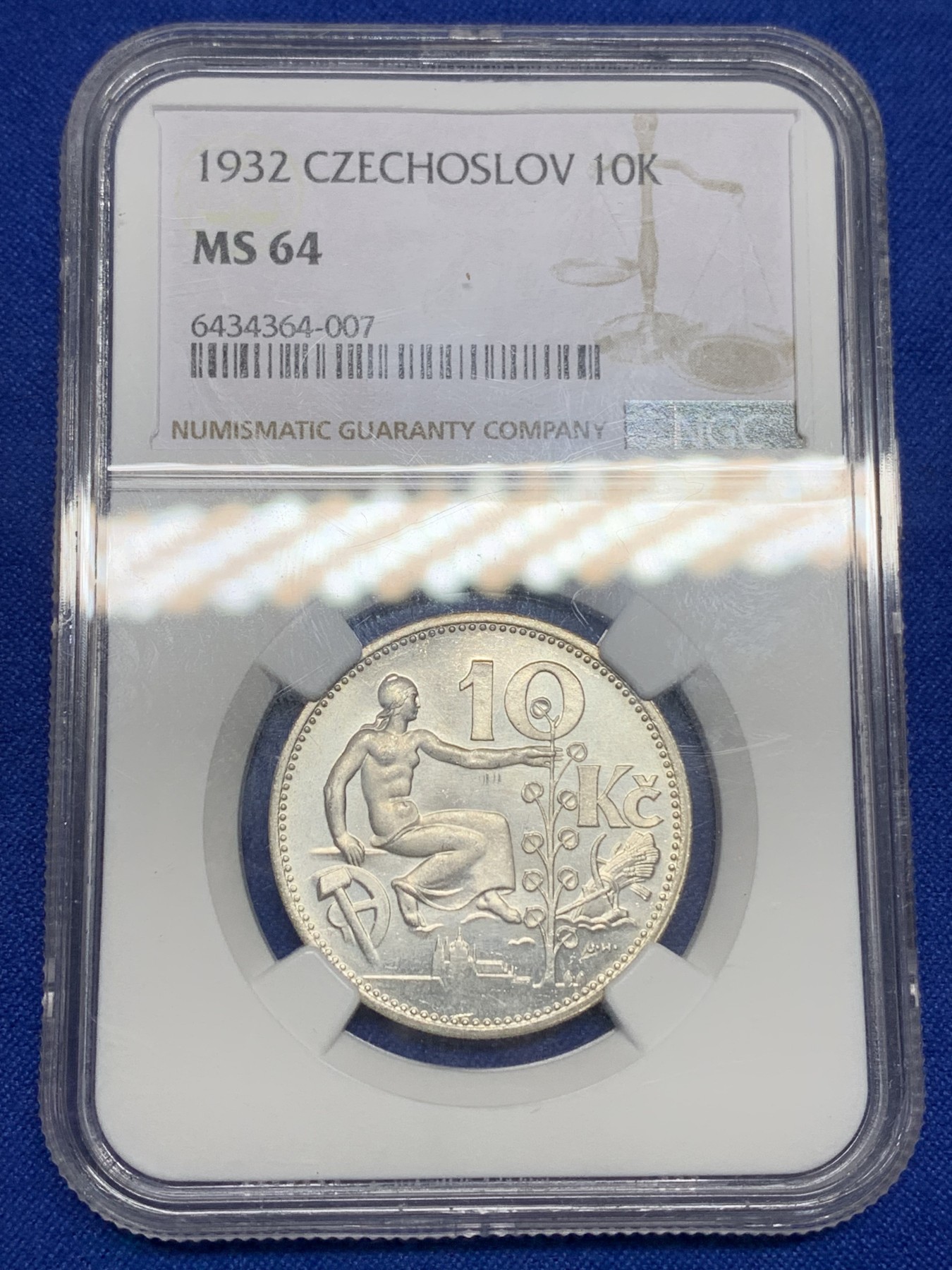 《竞宝斋》第196场-周日，周一 2场 (全场包邮) NGC-MS64 捷克斯洛伐克 1932年 10克朗 银币