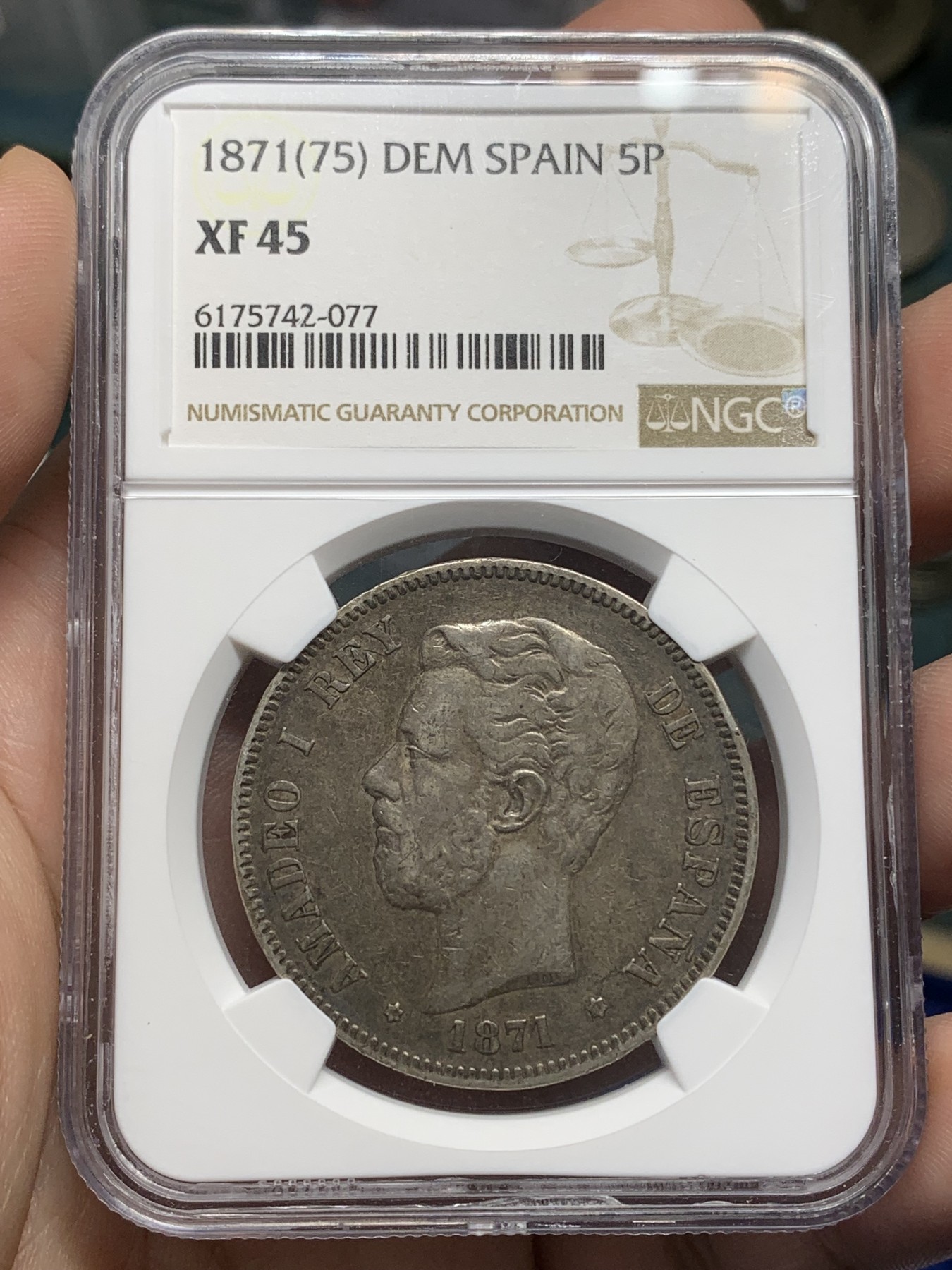 《竞宝斋》第196场-周日，周一 2场 (全场包邮) NGC-XF45 西班牙 5比塞塔银币 阿玛迪奥1世 1871（75）DEM 罕见版别 更高分仅4枚