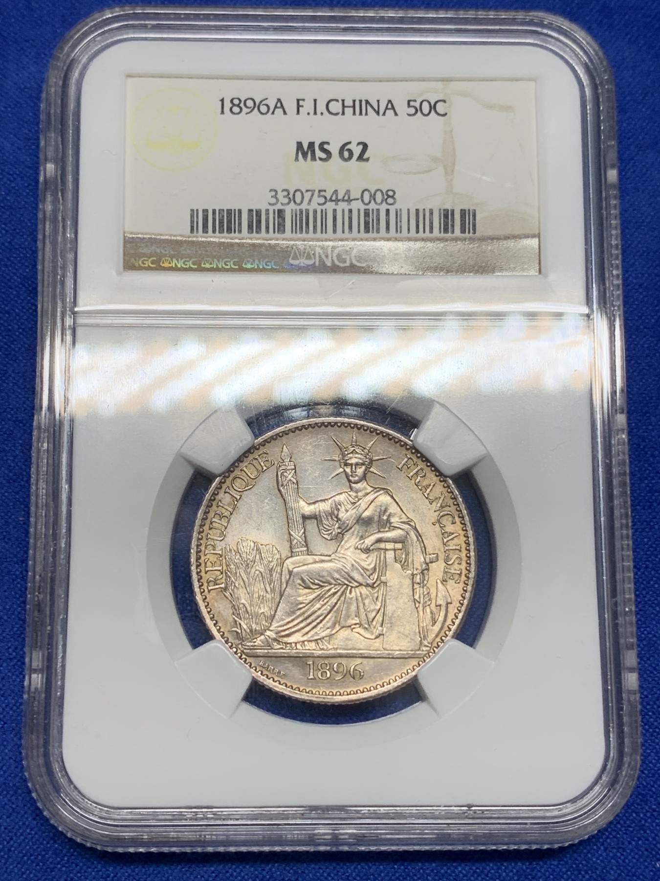 《竞宝斋》第196场-周日，周一 2场 (全场包邮) NGC MS62 法属印支1896年50分银币 稀少好品