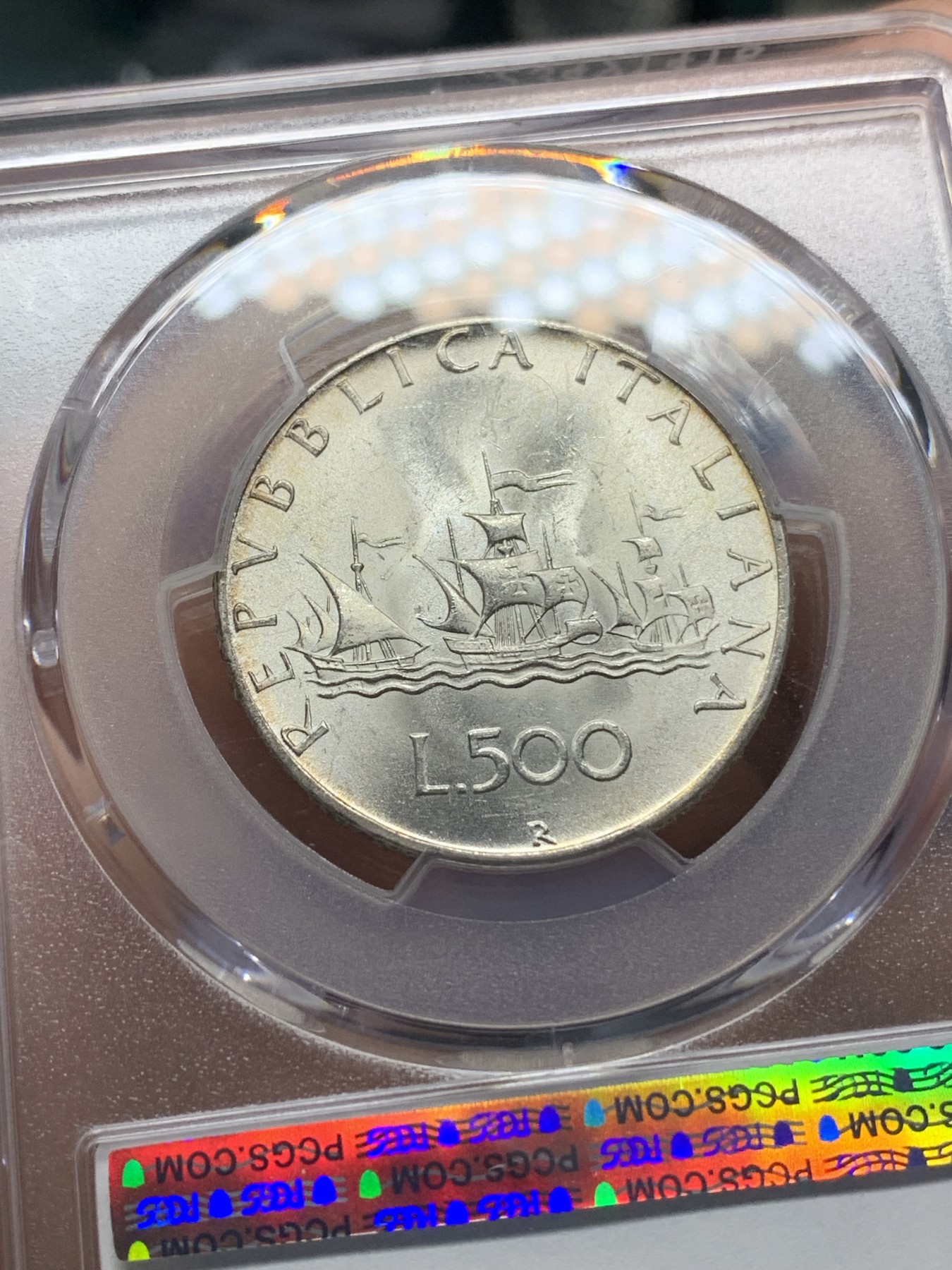 《竞宝斋》第196场-周日，周一 2场 (全场包邮) PCGS-MS65 意大利1966R帆船少女500里拉银币