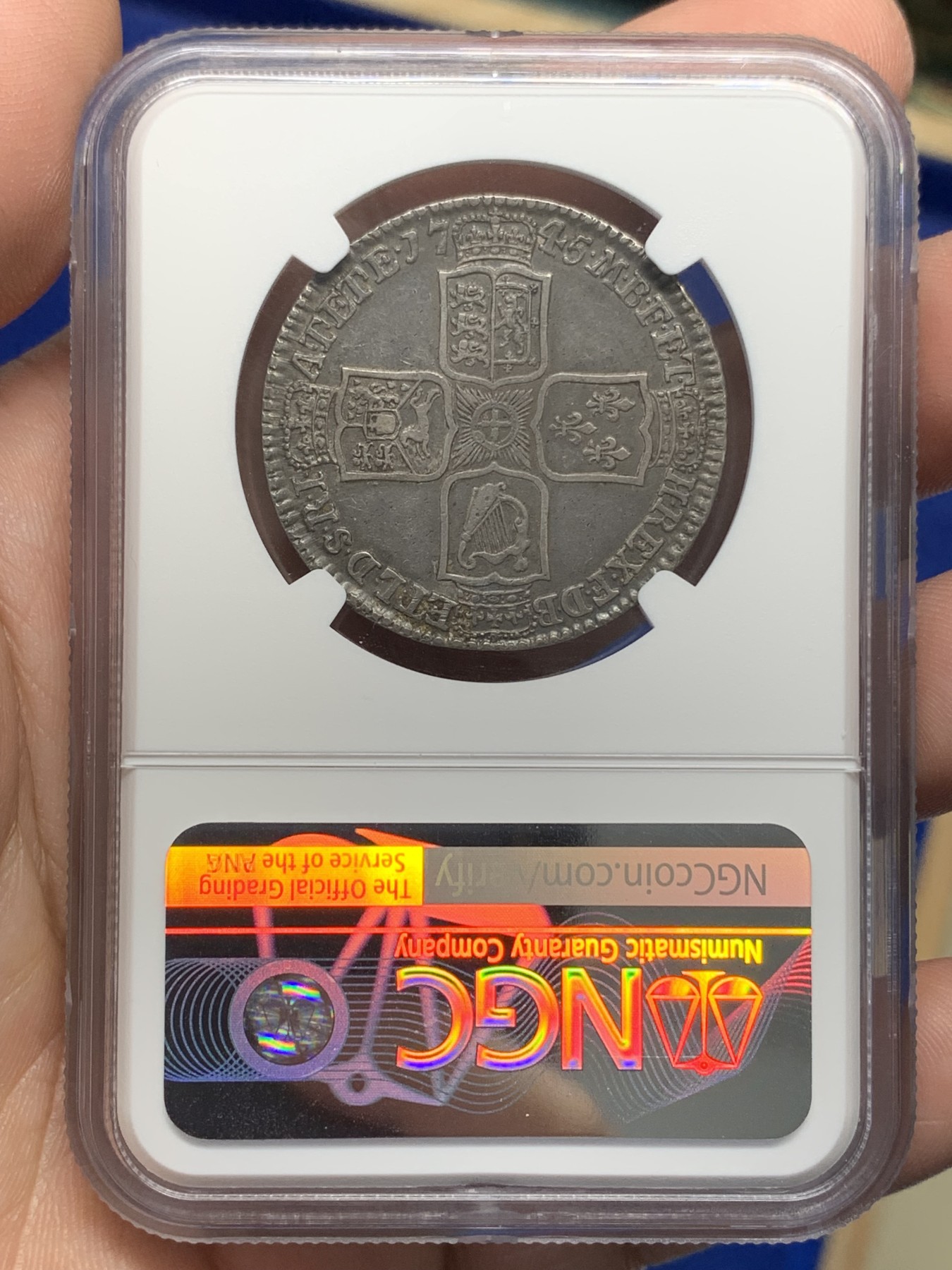 《竞宝斋》第196场-周日，周一 2场 (全场包邮) NGC-VF35 英国1745年乔治二世半克朗银币 LIMA版 原味黑包浆