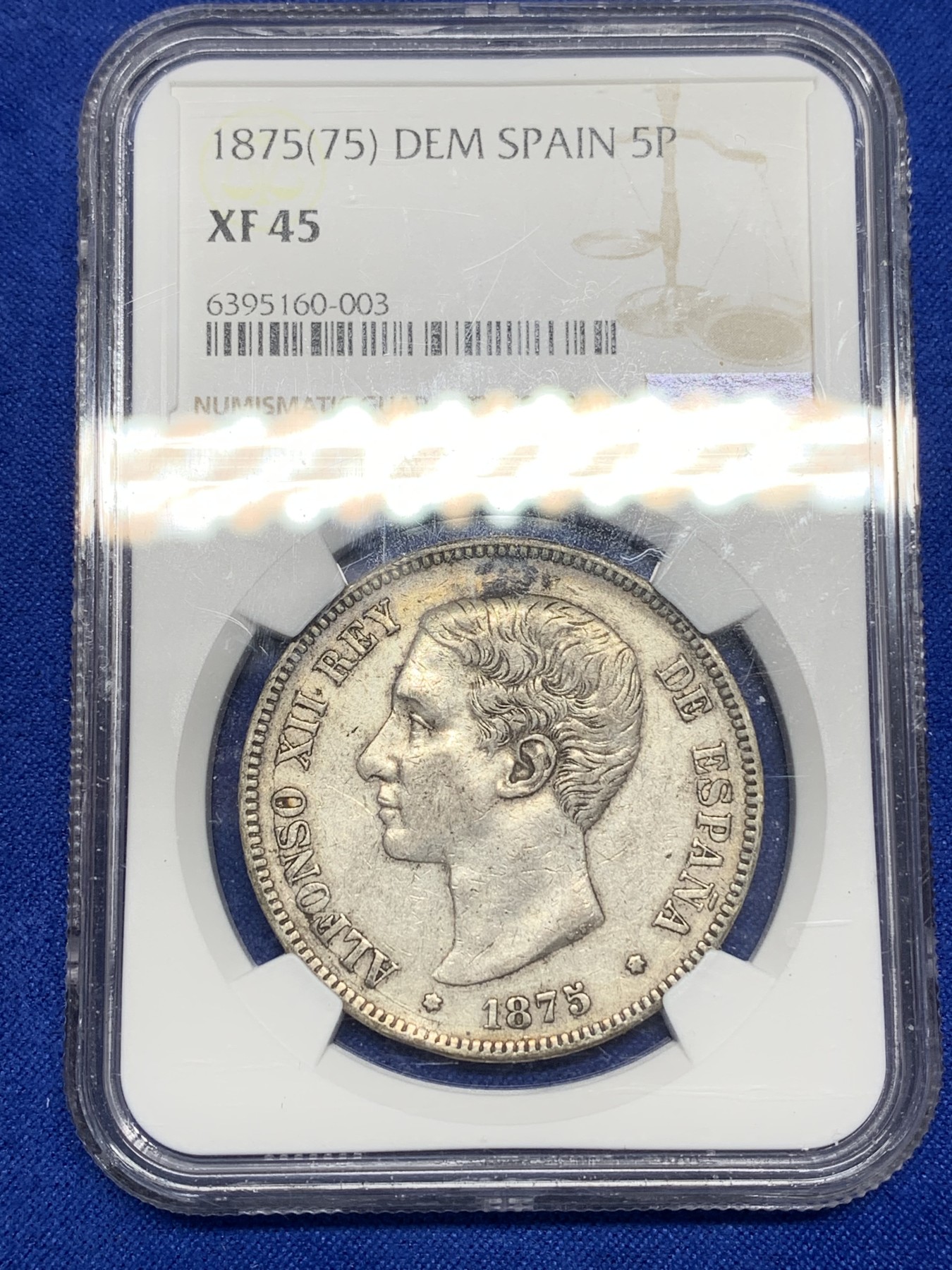 《竞宝斋》第196场-周日，周一 2场 (全场包邮) NGC-XF45 西班牙1875年阿方索十二世 5比塞塔银币