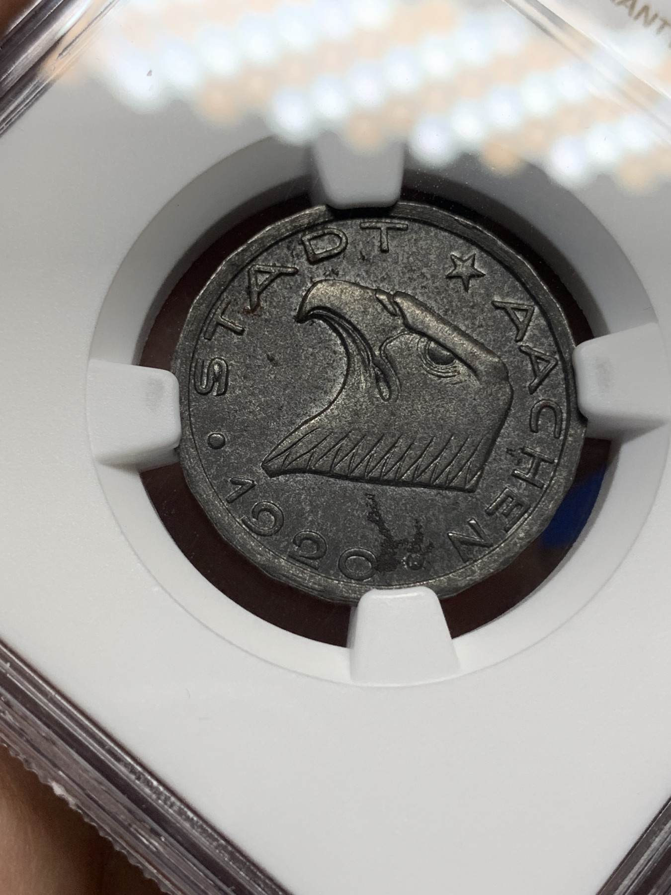 《竞宝斋》第196场-周日，周一 2场 (全场包邮) NGC UNC 德国1920亚琛经典鹰头50p铁币