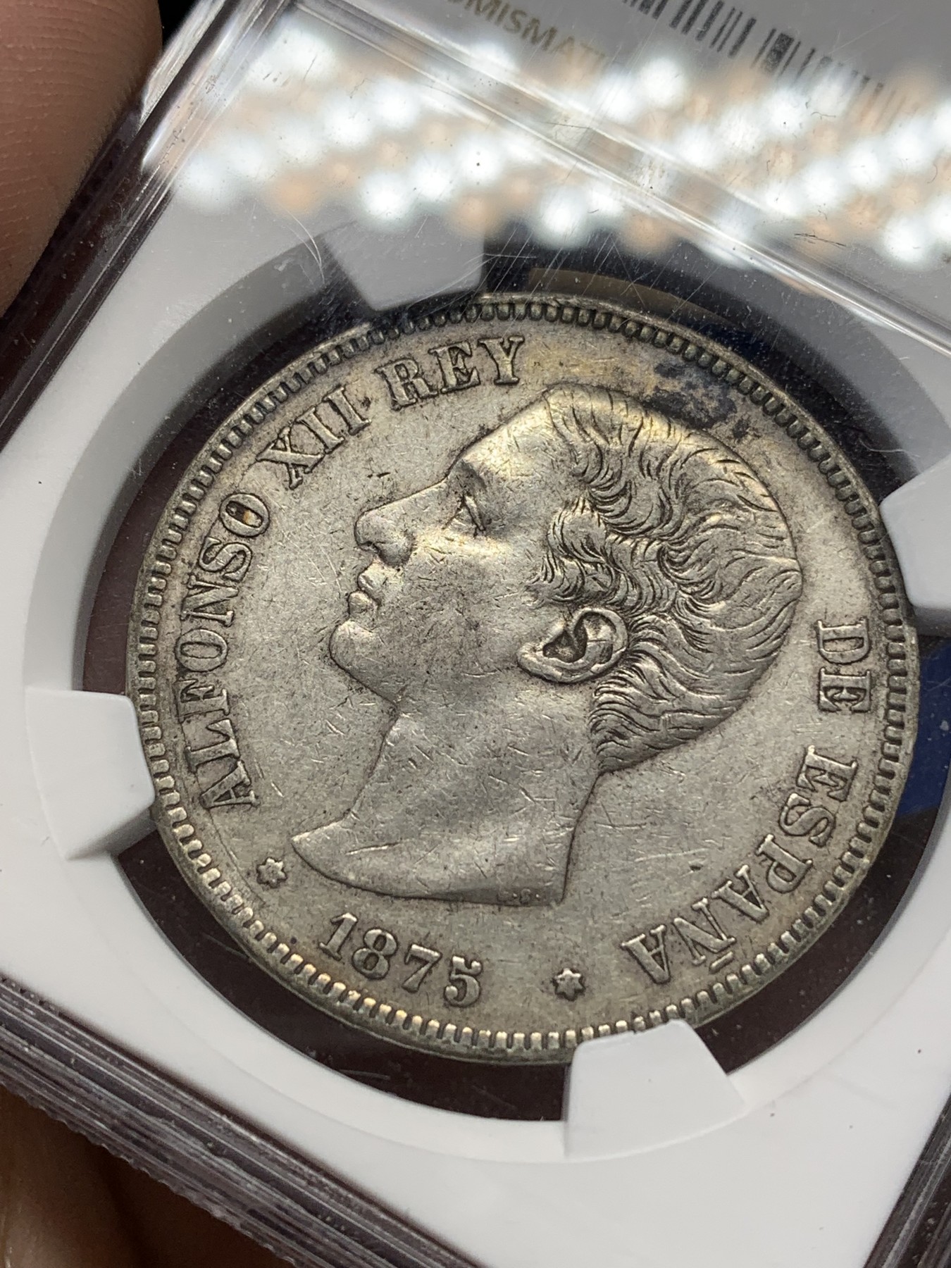 《竞宝斋》第196场-周日，周一 2场 (全场包邮) NGC-XF45 西班牙1875年阿方索十二世 5比塞塔银币