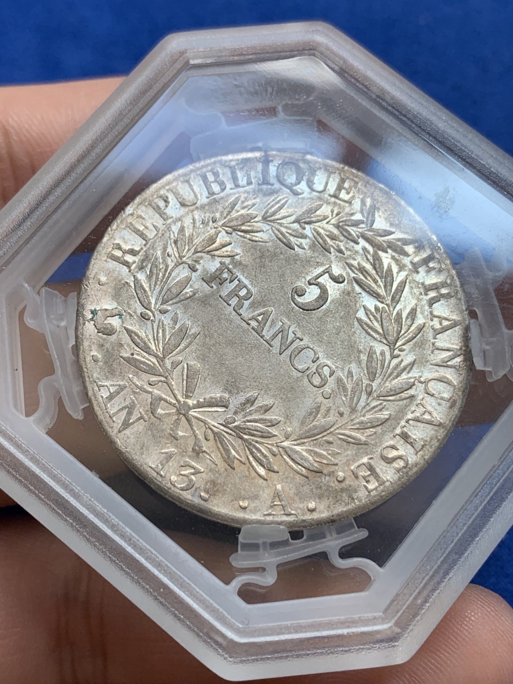 《竞宝斋》第196场-周日，周一 2场 (全场包邮) GENI AU53 法国 AN13A 拿破仑一世5法郎银币 打制清晰 状态好