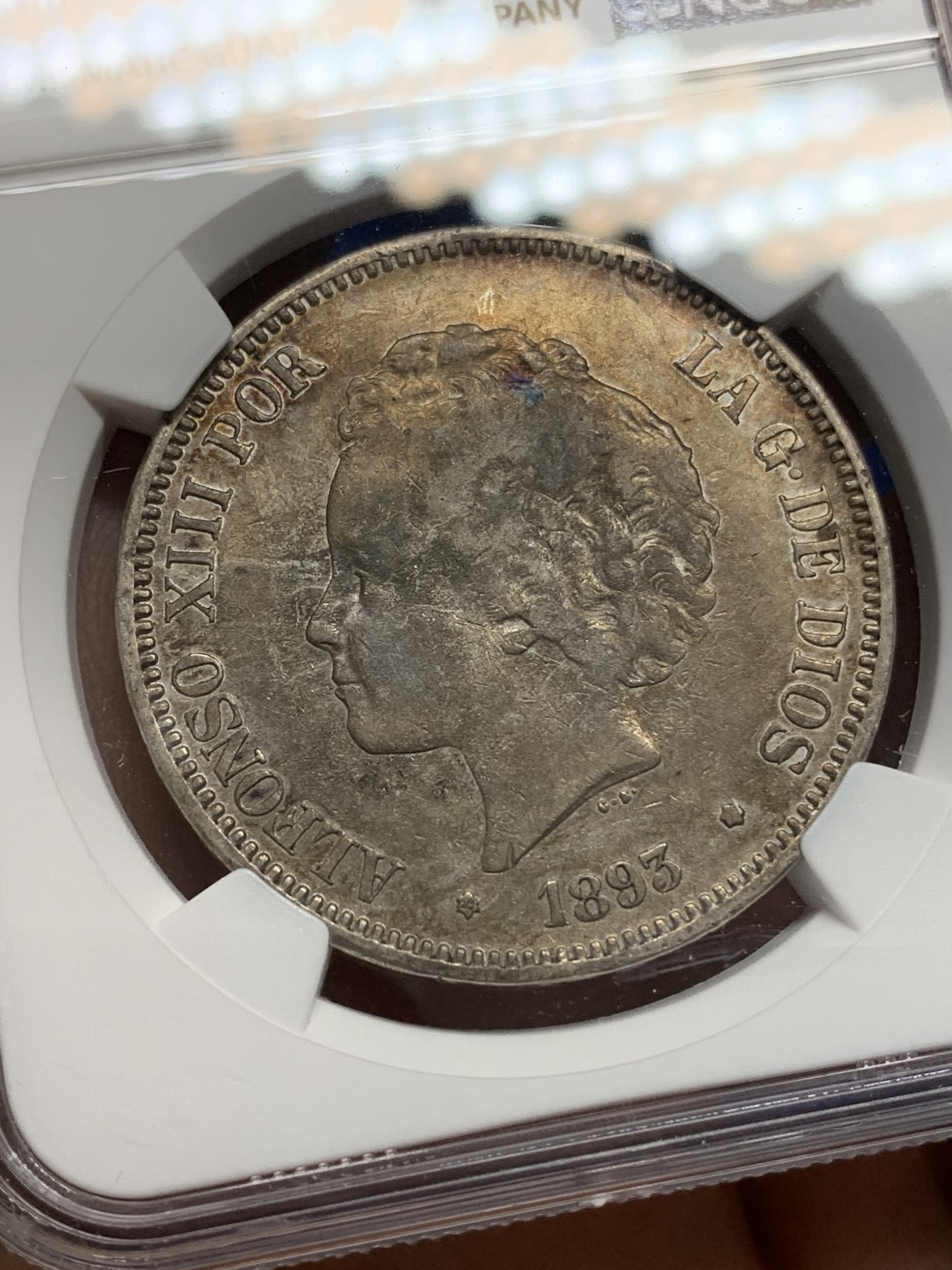 《竞宝斋》第196场-周日，周一 2场 (全场包邮) NGC-VF30 西班牙1893年 阿方索十三世 5比塞塔爆炸头 双柱大银币