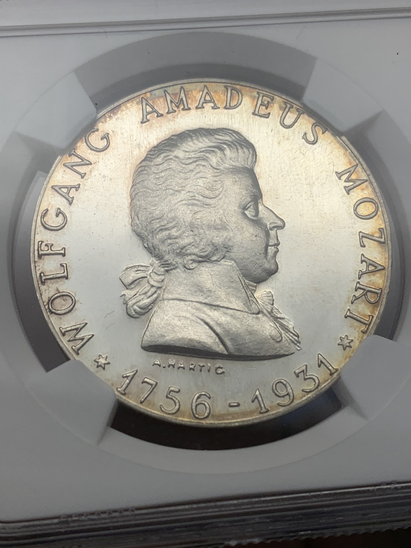 《竞宝斋》第196场-周日，周一 2场 (全场包邮) NGC MS63 奥地利1931莫扎特镜面底板银章