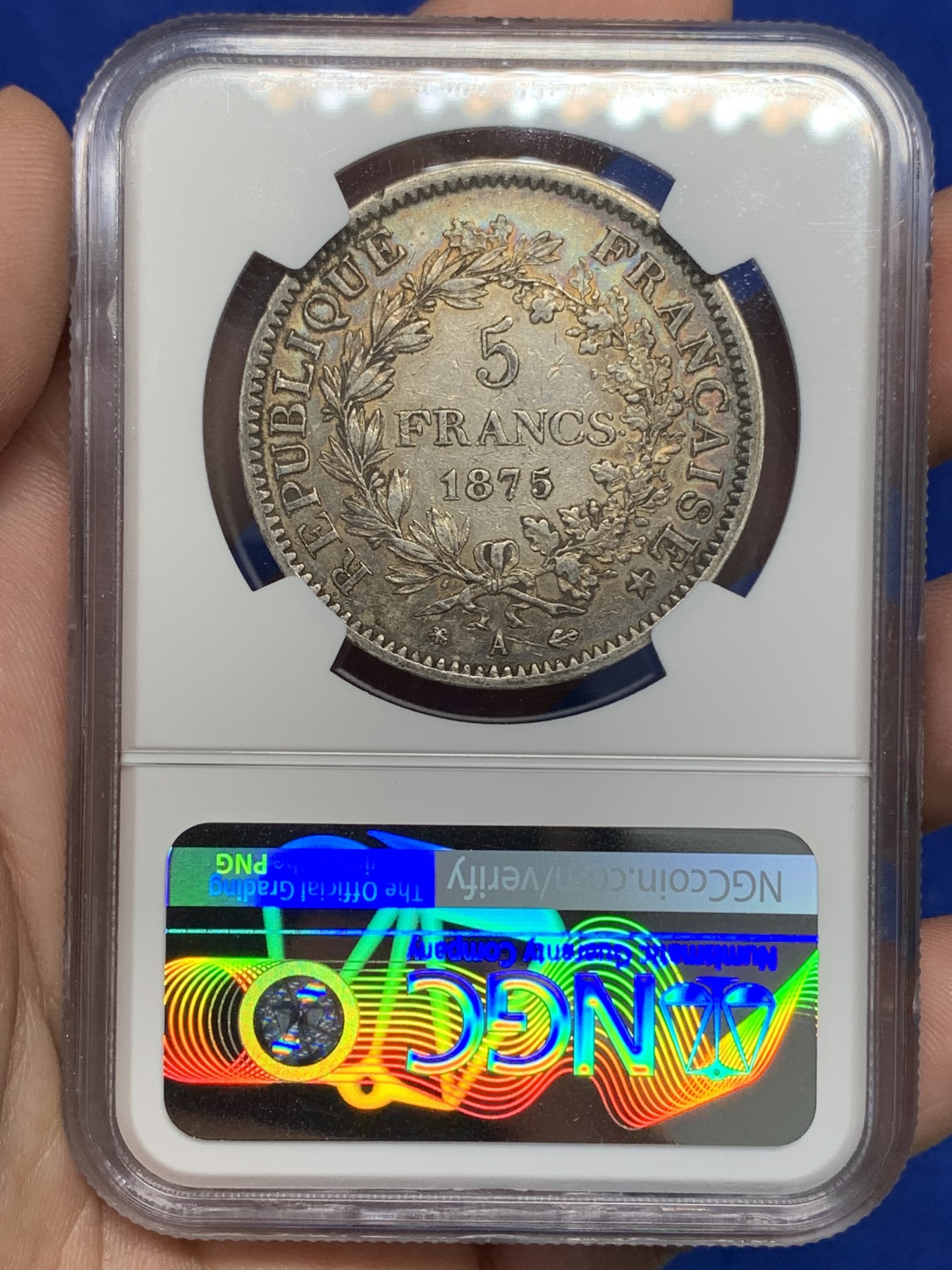 《竞宝斋》第196场-周日，周一 2场 (全场包邮) NGC AUD 法国1875年大力神5法郎银币 小A版 铸造量是1873年的1/10