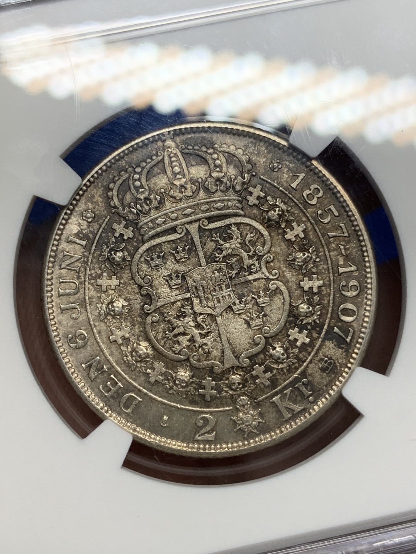 《竞宝斋》第196场-周日，周一 2场 (全场包邮) NGC-MS63 瑞典 1907年 国王金婚 2克朗 银币