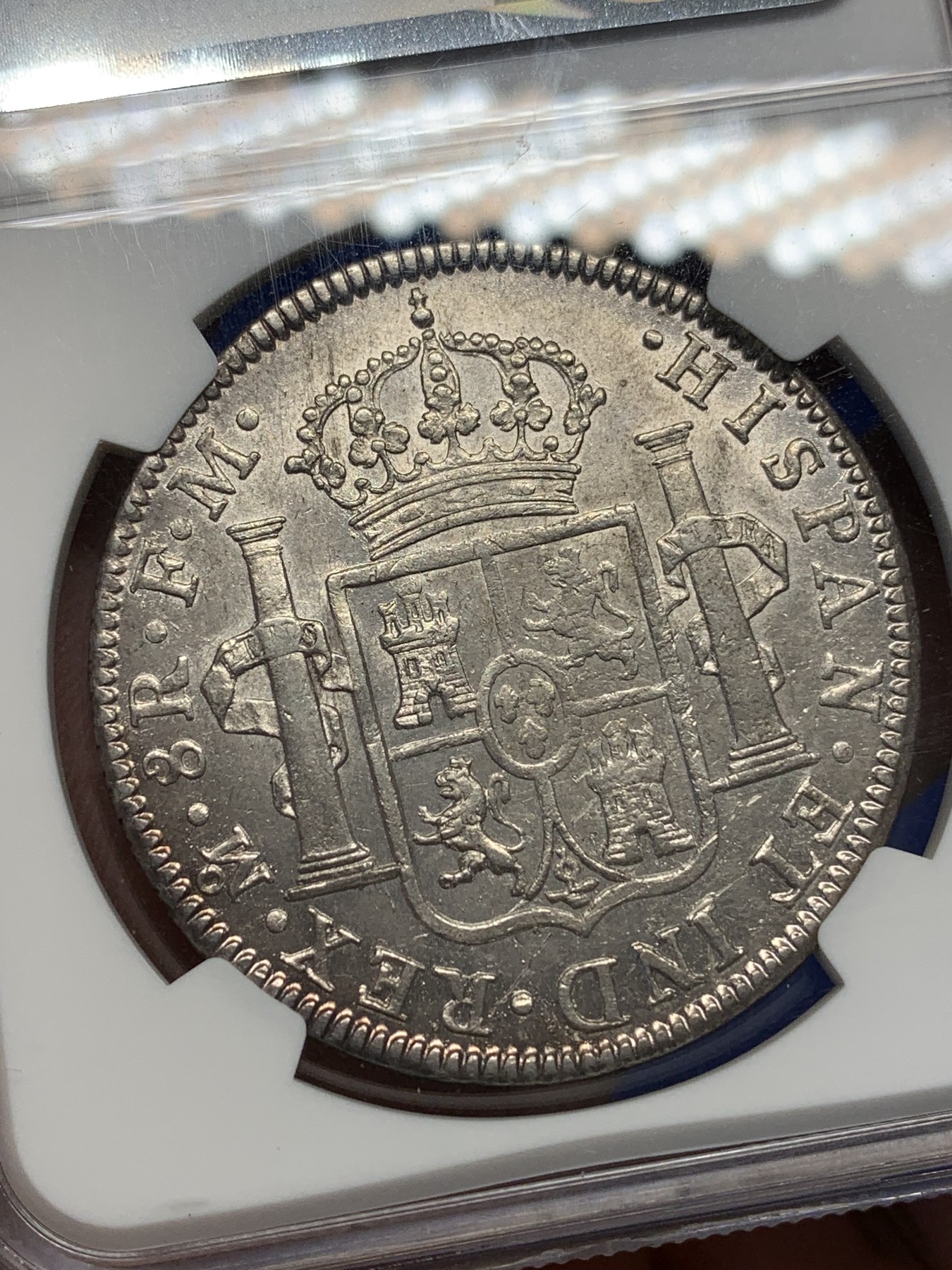 《竞宝斋》第196场-周日，周一 2场 (全场包邮) NGC-AU58 西属墨西哥1796年卡四双柱银币 早期年份打制好的不多见 很漂亮的一枚双柱