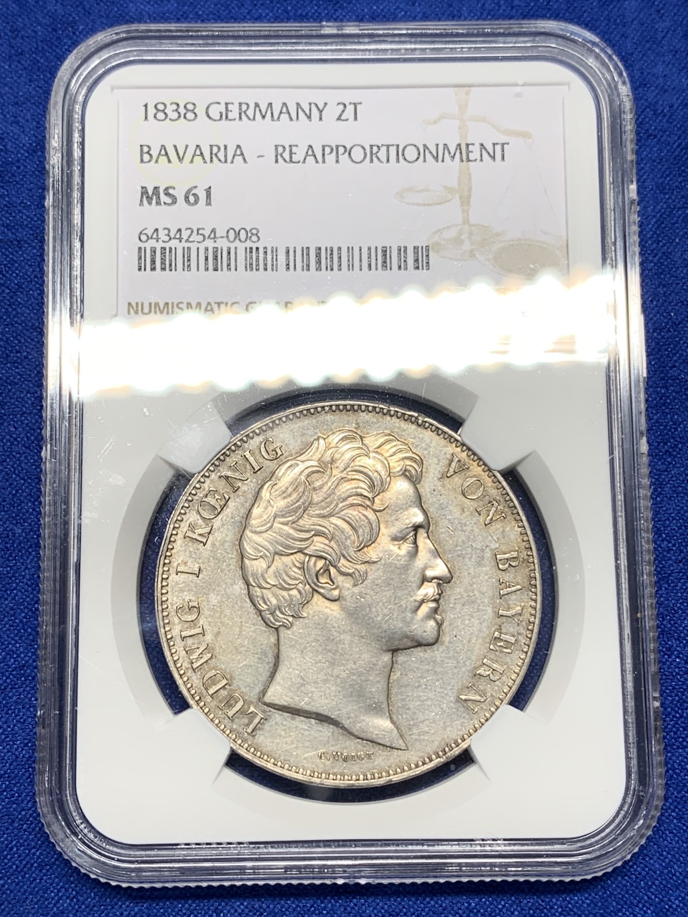 《竞宝斋》第196场-周日，周一 2场 (全场包邮) NGC MS61 德国 1838年 巴伐利亚议会 同盟 2泰勒大银币 37克 早期大银币 细节好 包浆带PL底板