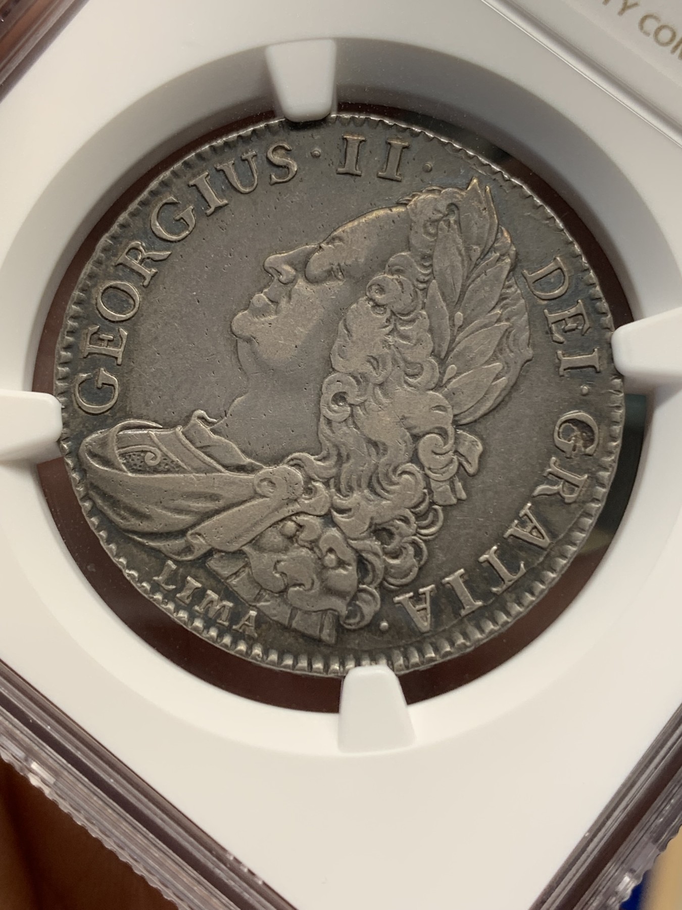 《竞宝斋》第196场-周日，周一 2场 (全场包邮) NGC-VF35 英国1745年乔治二世半克朗银币 LIMA版 原味黑包浆