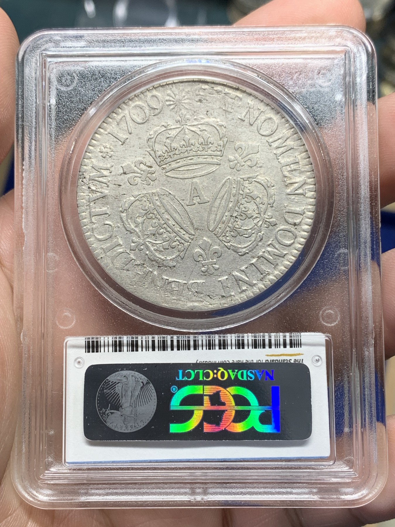《竞宝斋》第196场-周日，周一 2场 (全场包邮) PCGS AU50 法国 1709年 路易十四 太阳王 埃居大银币 背面三冠 ECU大银币