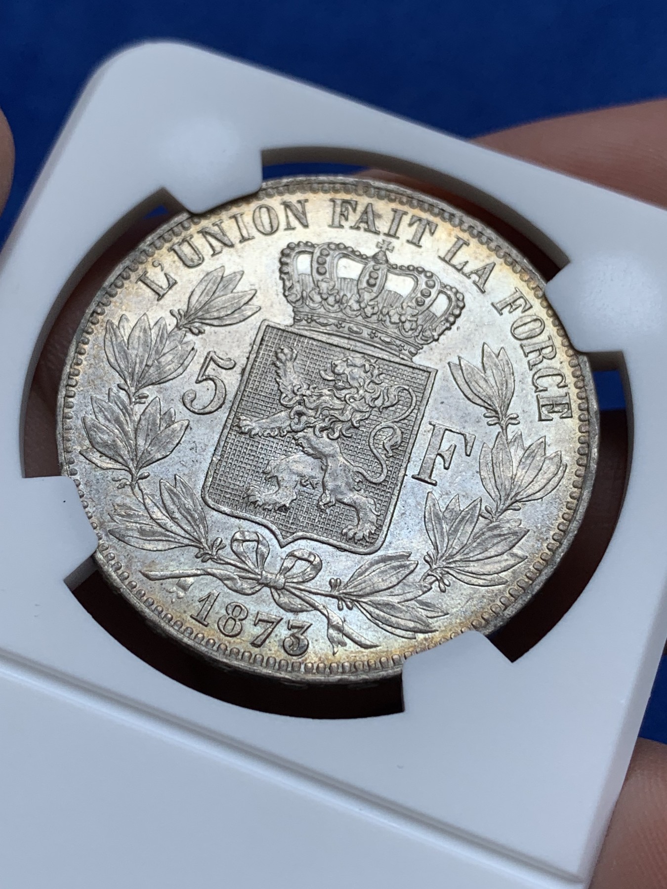 《竞宝斋》第196场-周日，周一 2场 (全场包邮) 比利时 1873年 5法郎 银币 UNC 黄油彩