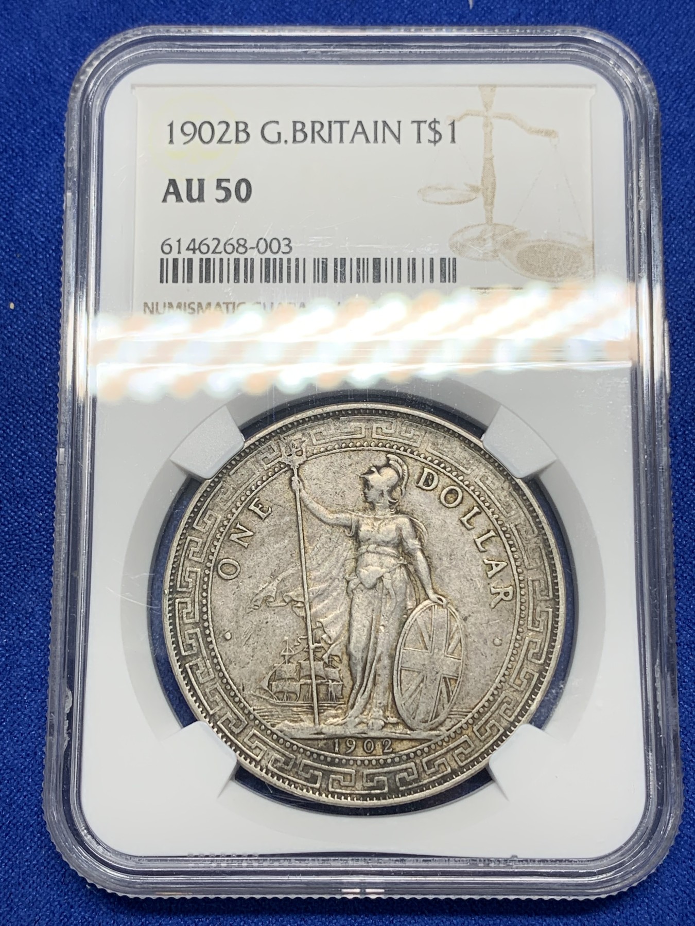 《竞宝斋》第196场-周日，周一 2场 (全场包邮) NGC-AU 50 英国1902B站洋银币  原味包浆