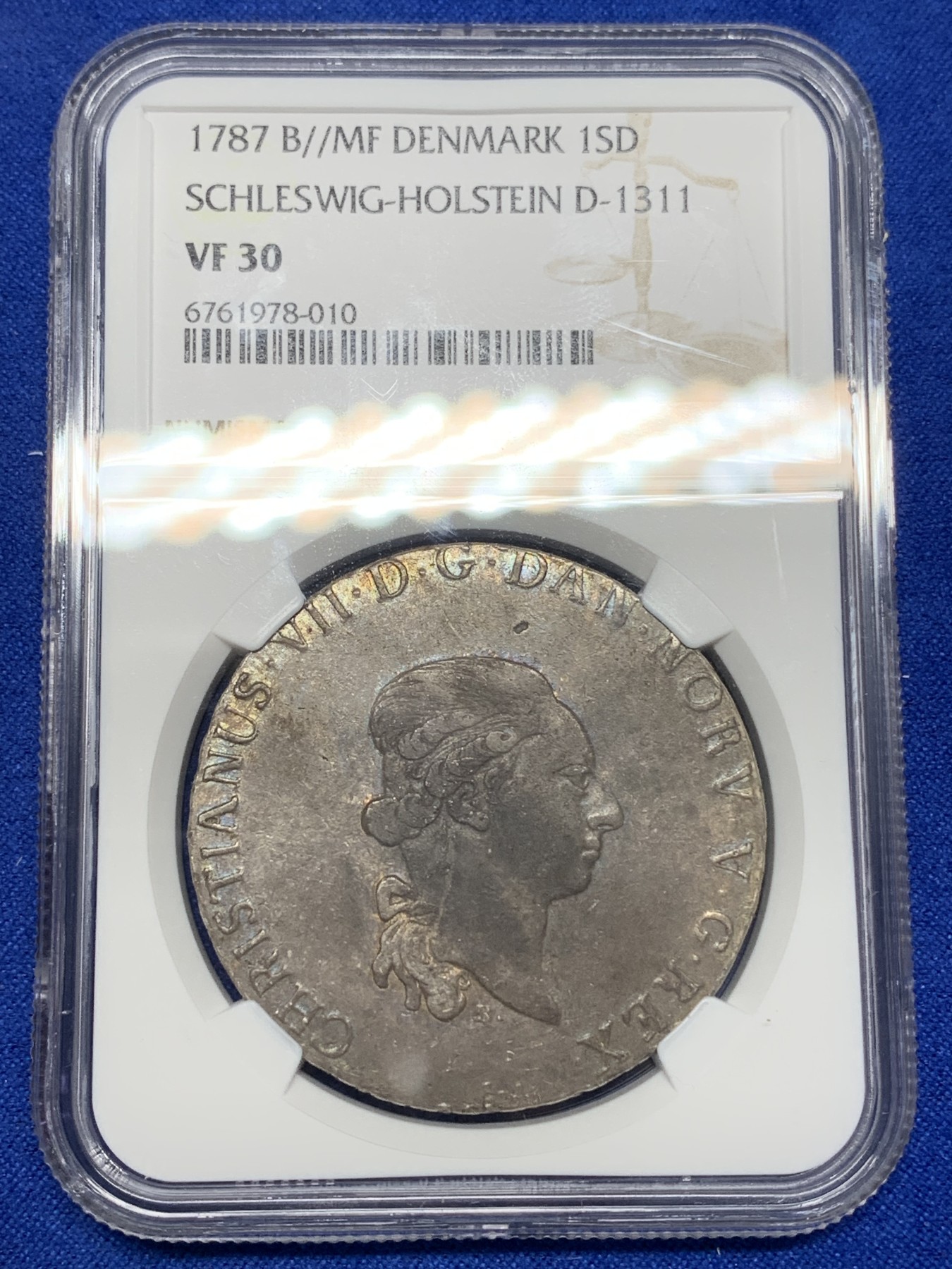 《竞宝斋》第196场-周日，周一 2场 (全场包邮) NGC VF30 丹麦 1787年 克里斯蒂安七世 1SD（60先令）大银币 双面自然深包浆 带彩光 低地国家少见品种